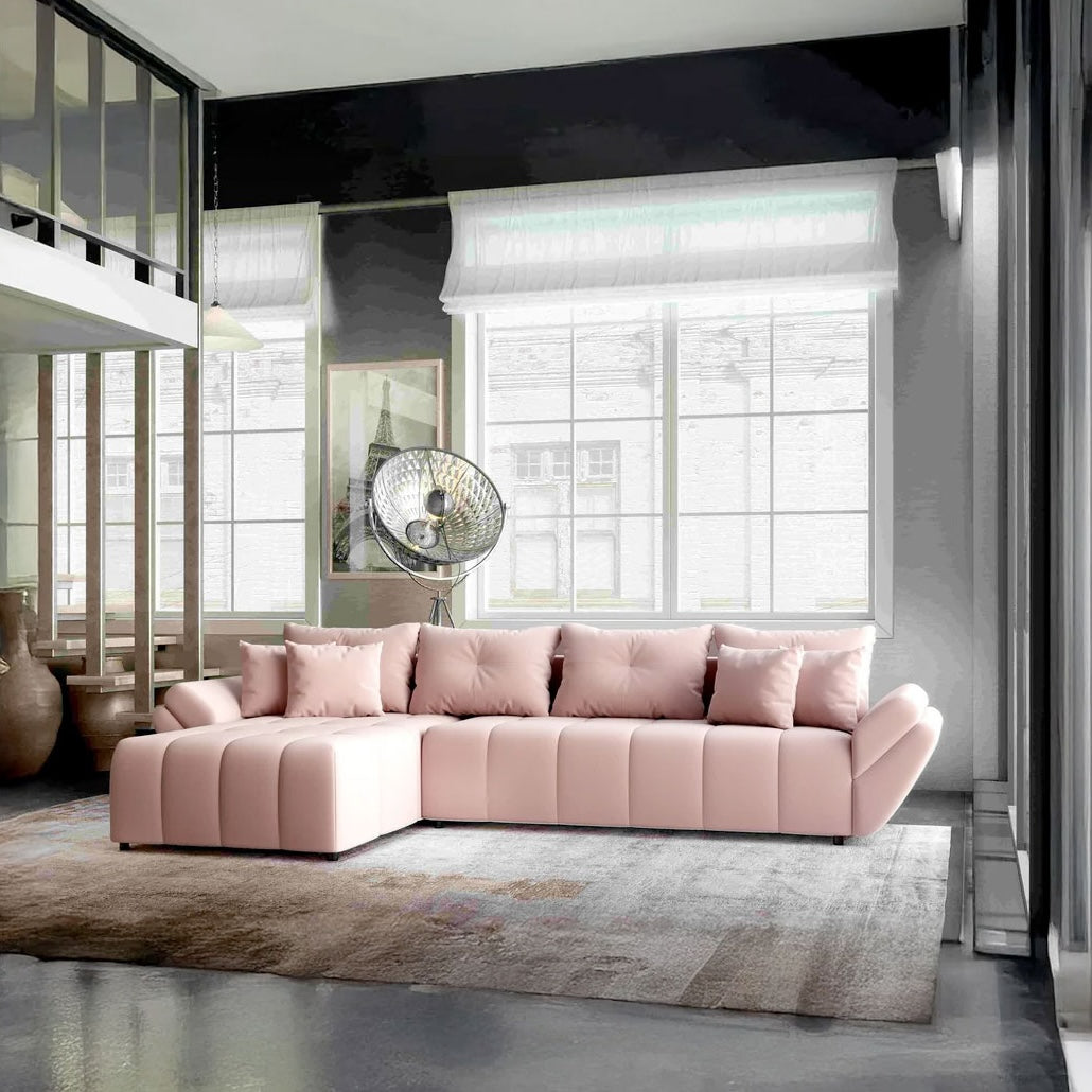 Colțar extensibil dumonde cu ladă de depozitare si sezut confortabil din spuma HR, Berlin XL Royal Roz 350x185 cm Fabrica