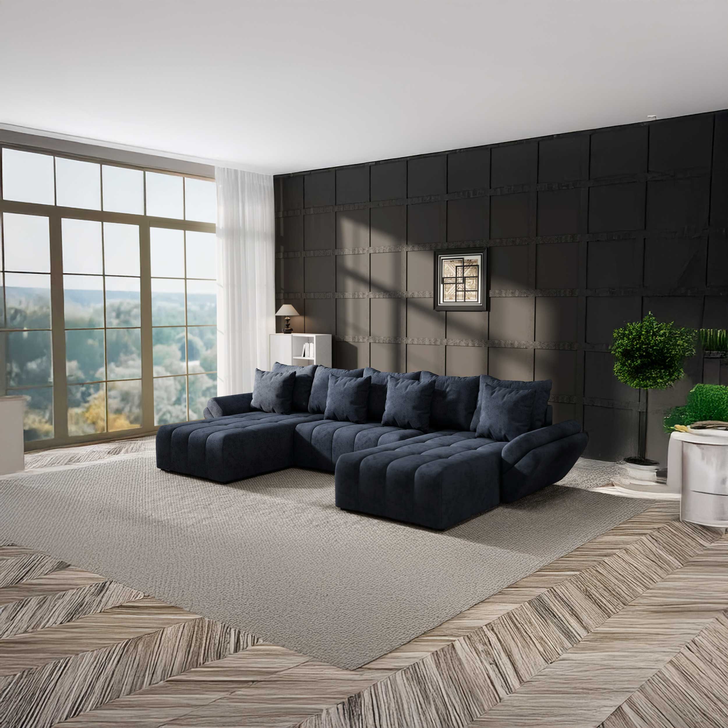 Colțar extensibil dumonde cu ladă de depozitare si sezut confortabil din spuma HR, Berlin U Enjoy Antracit 380x180 cm Fabrica