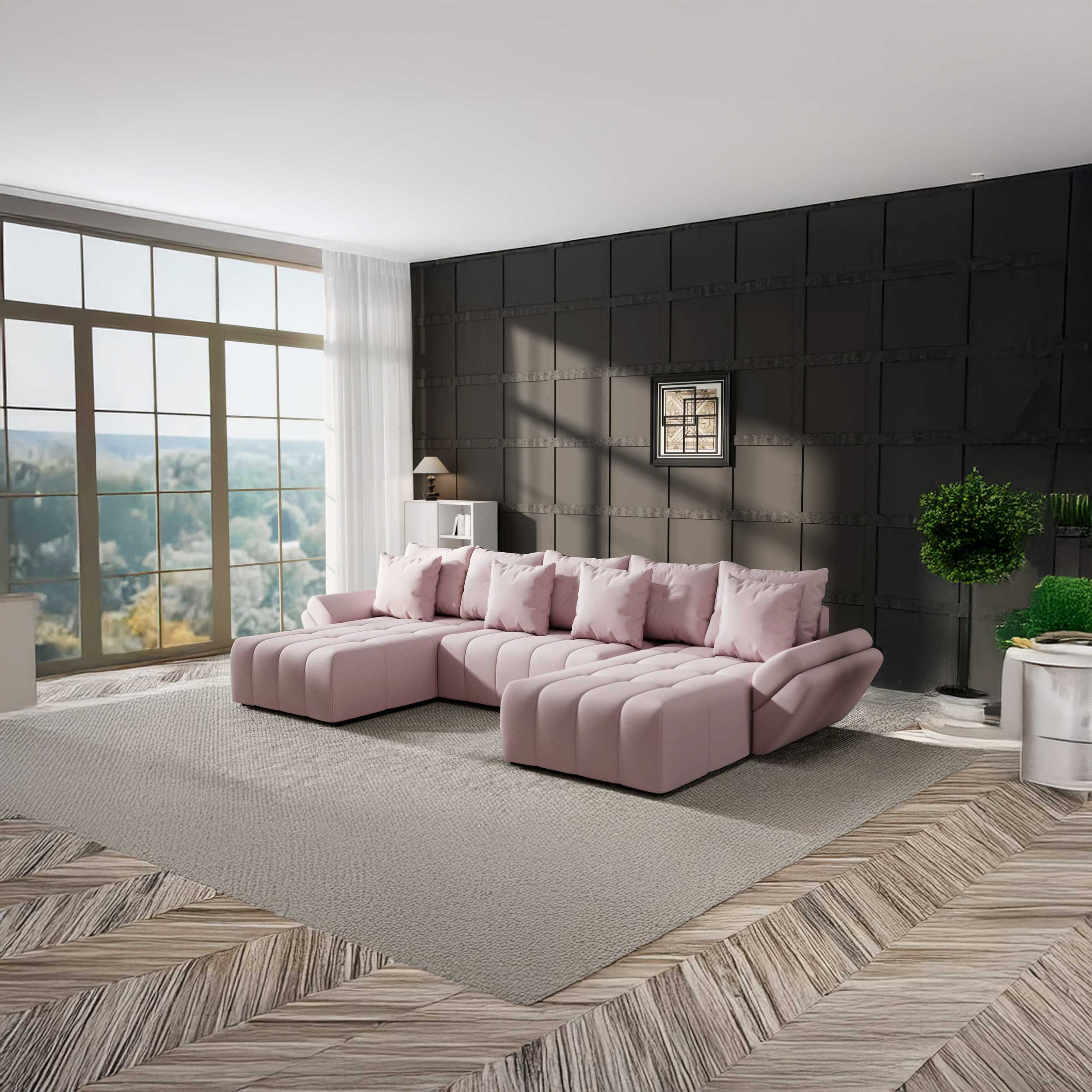 Colțar extensibil dumonde cu ladă de depozitare si sezut confortabil din spuma HR, Berlin U Enjoy Flamingo 380x180 cm Fabrica