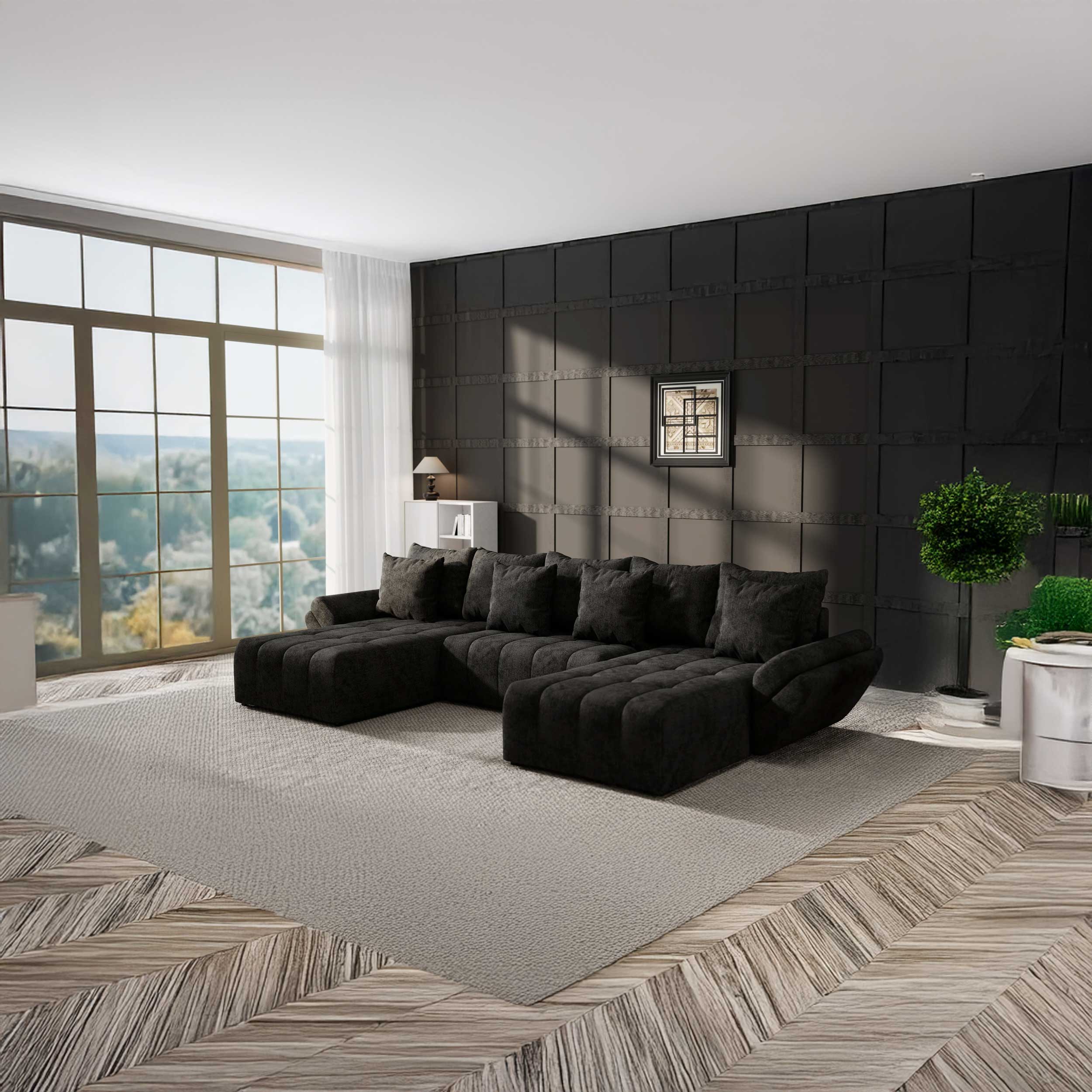 Colțar extensibil dumonde cu ladă de depozitare si sezut confortabil din spuma HR, Berlin U Enjoy Black 380x180 cm Fabrica