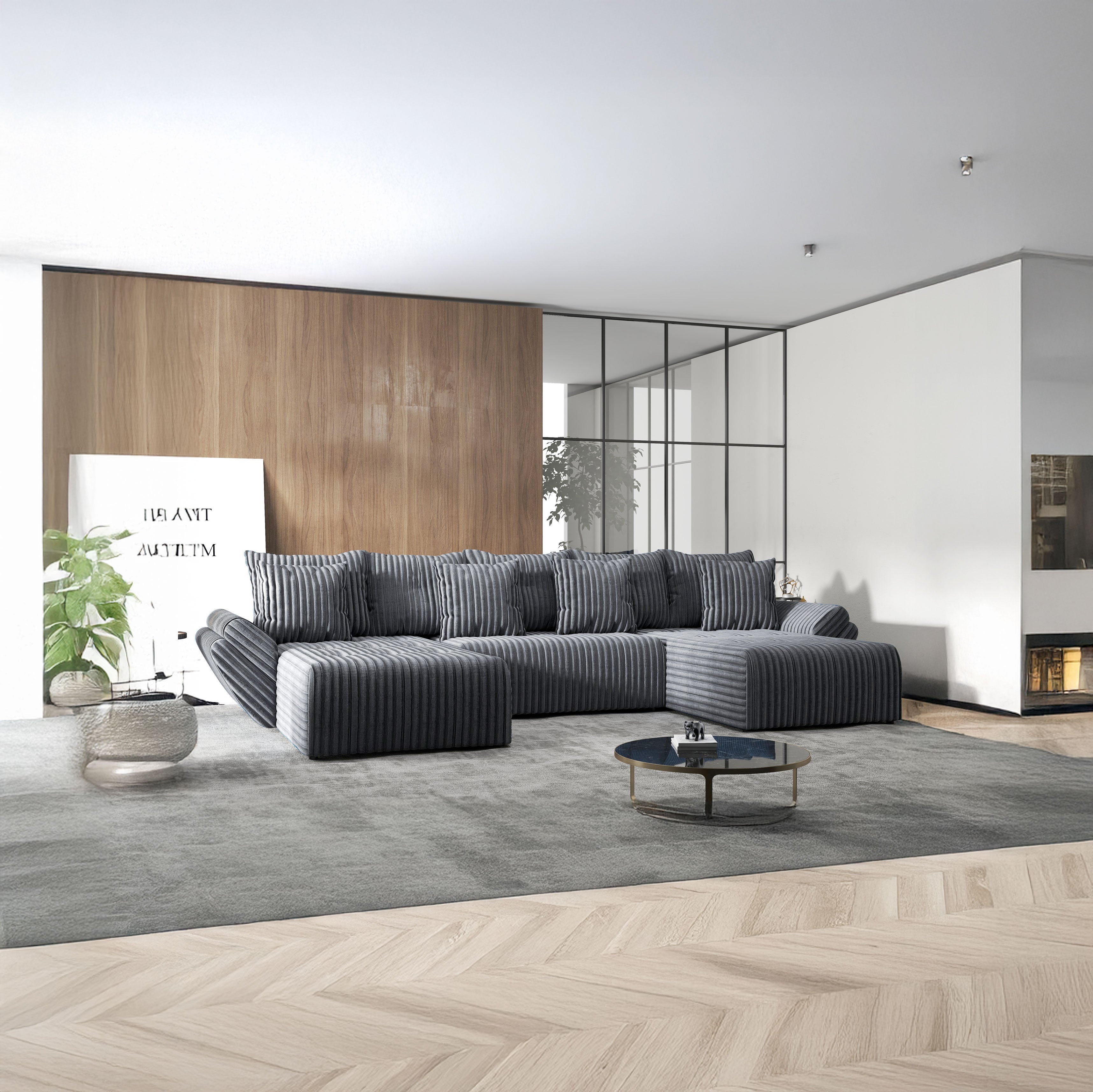 Colțar extensibil dumonde cu ladă de depozitare si sezut confortabil din spuma HR, Berlin U Zoom GREY 380x180 cm Fabrica