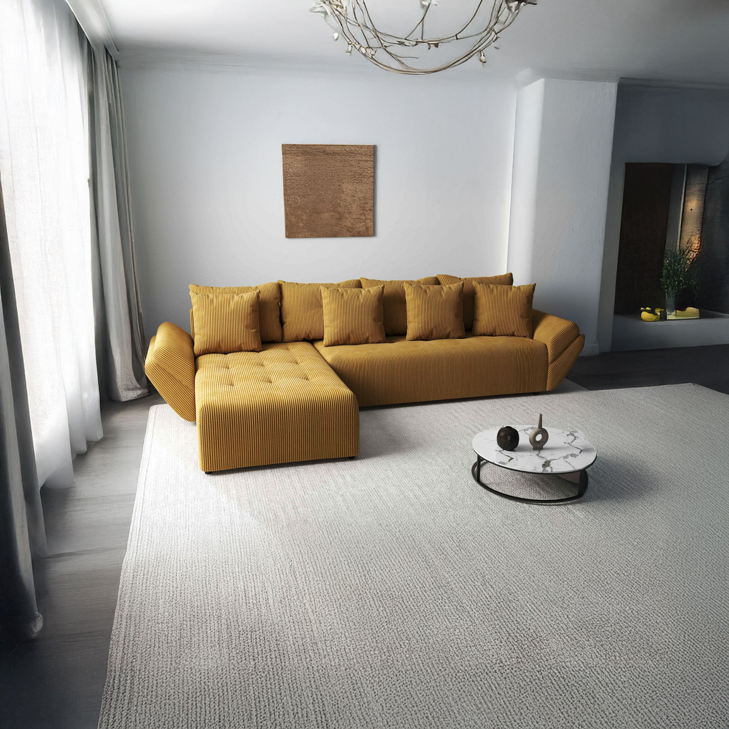 Colțar extensibil dumonde cu ladă de depozitare si sezut confortabil din spuma HR, Berlin XL Zoom Mustar 350x185 cm Fabrica
