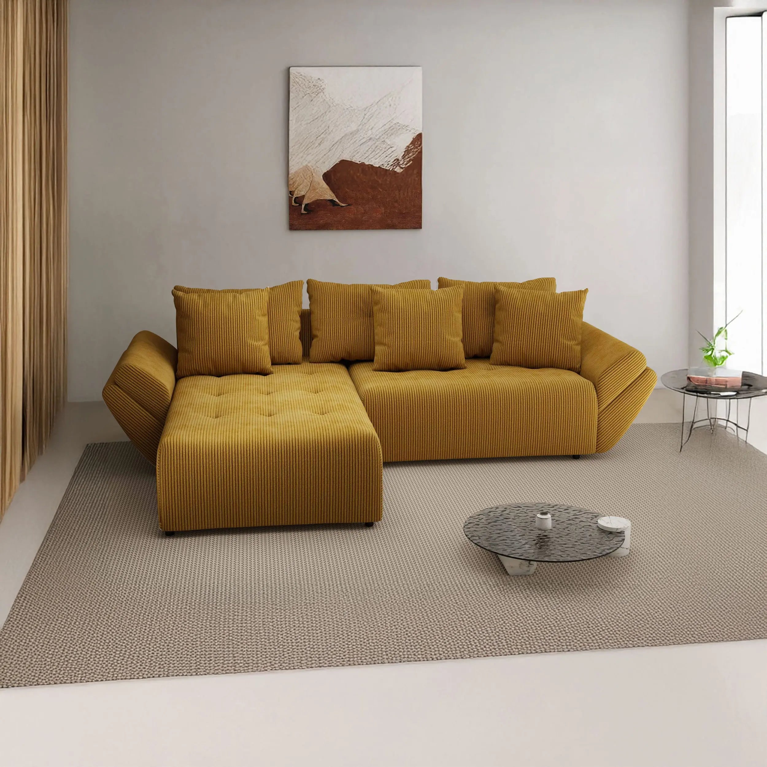 Colțar extensibil dumonde cu ladă de depozitare si sezut confortabil din spuma HR, Berlin Zoom Mustar 280x185 cm Fabrica