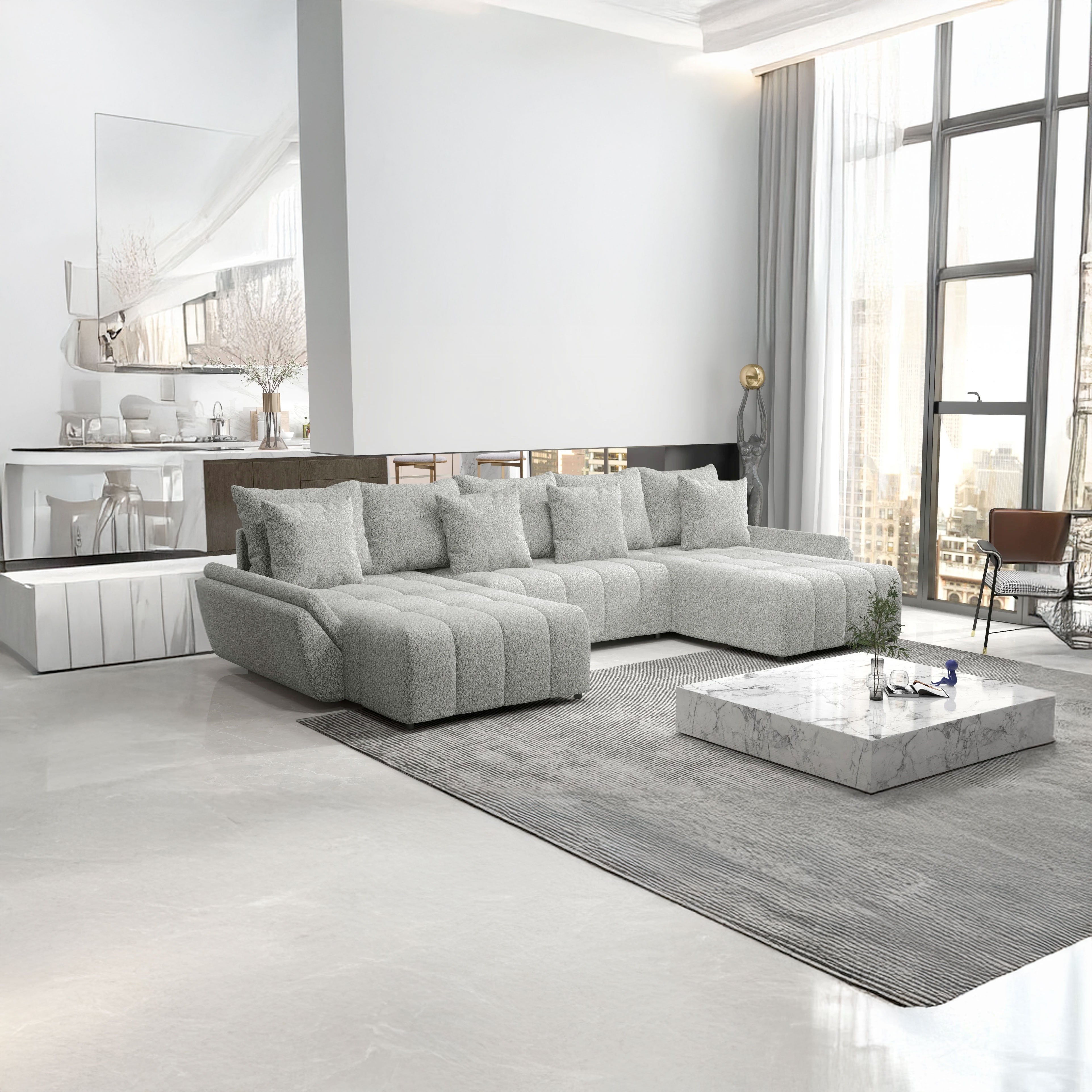 Colțar extensibil dumonde cu ladă de depozitare si sezut confortabil din spuma HR, Berlin U Euphoria Dove 380x180 cm Fabrica