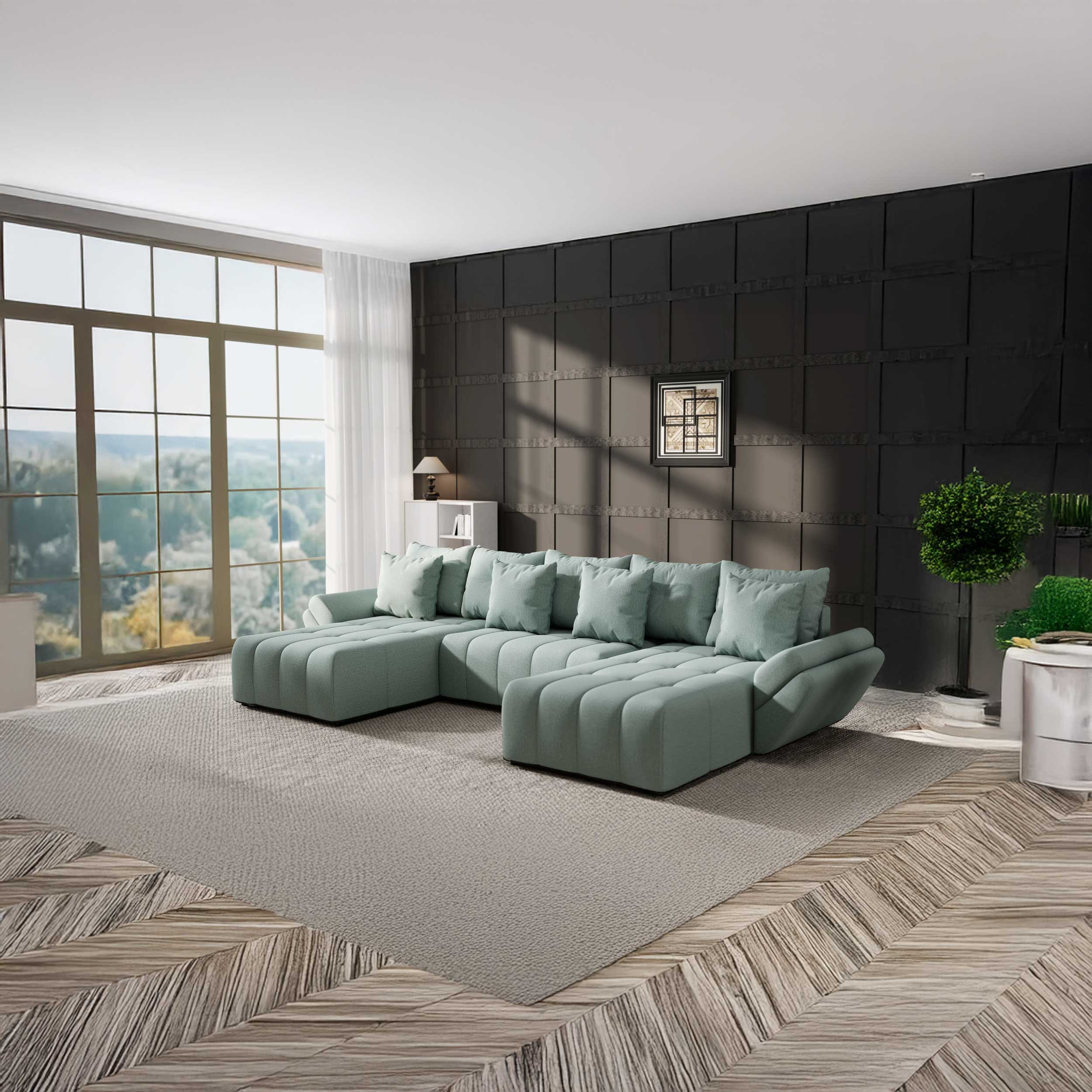 Colțar extensibil dumonde cu ladă de depozitare si sezut confortabil din spuma HR, Berlin U Enjoy Mint 380x180 cm Fabrica