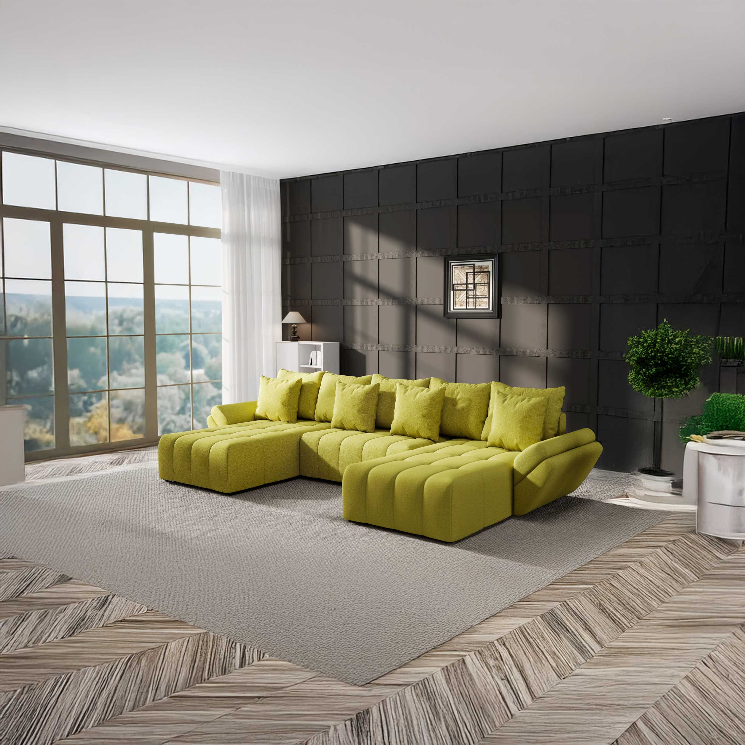 Colțar extensibil dumonde cu ladă de depozitare si sezut confortabil din spuma HR, Berlin U Enjoy Verde 380x180 cm Fabrica