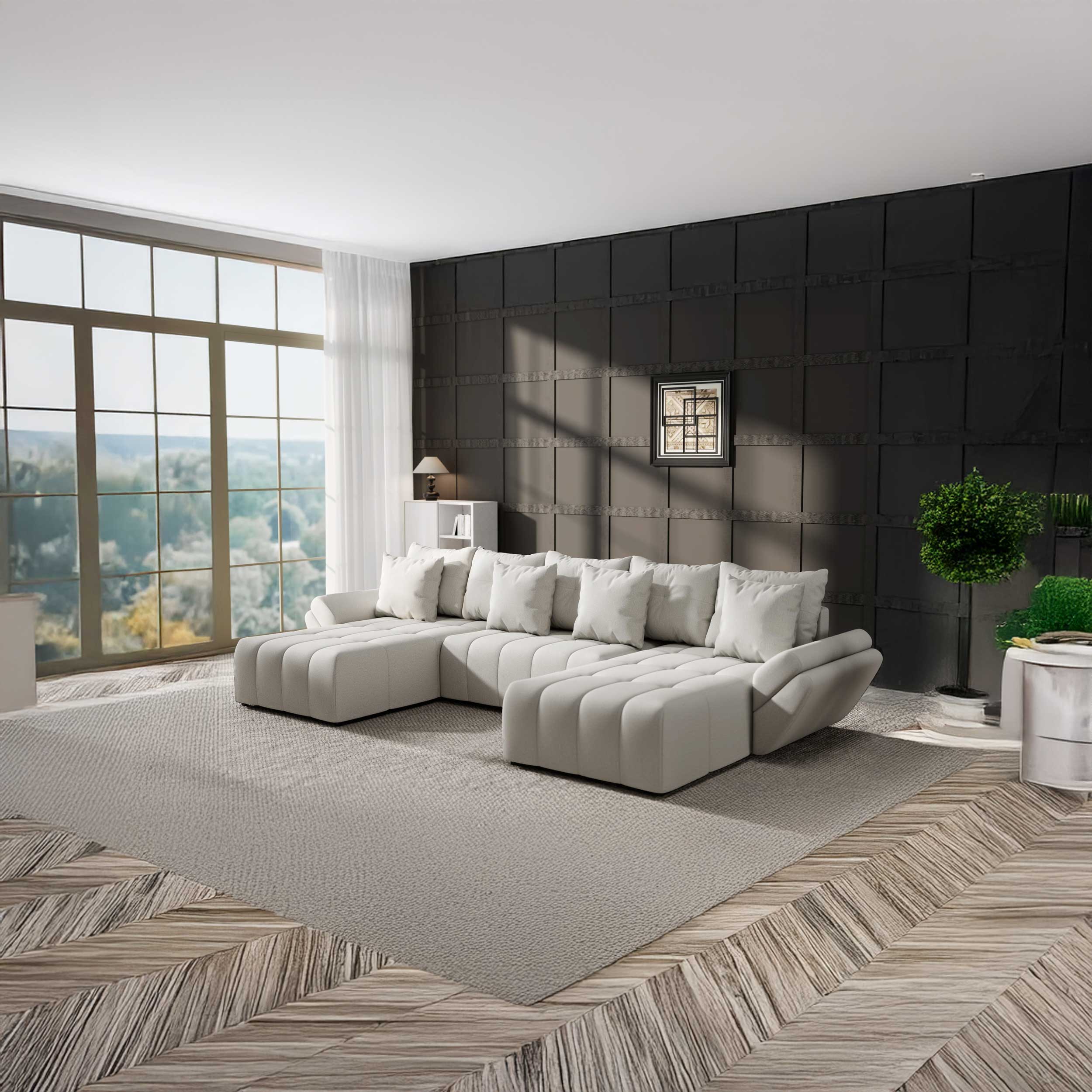 Colțar extensibil dumonde cu ladă de depozitare si sezut confortabil din spuma HR, Berlin U Enjoy Bej 380x180 cm Fabrica