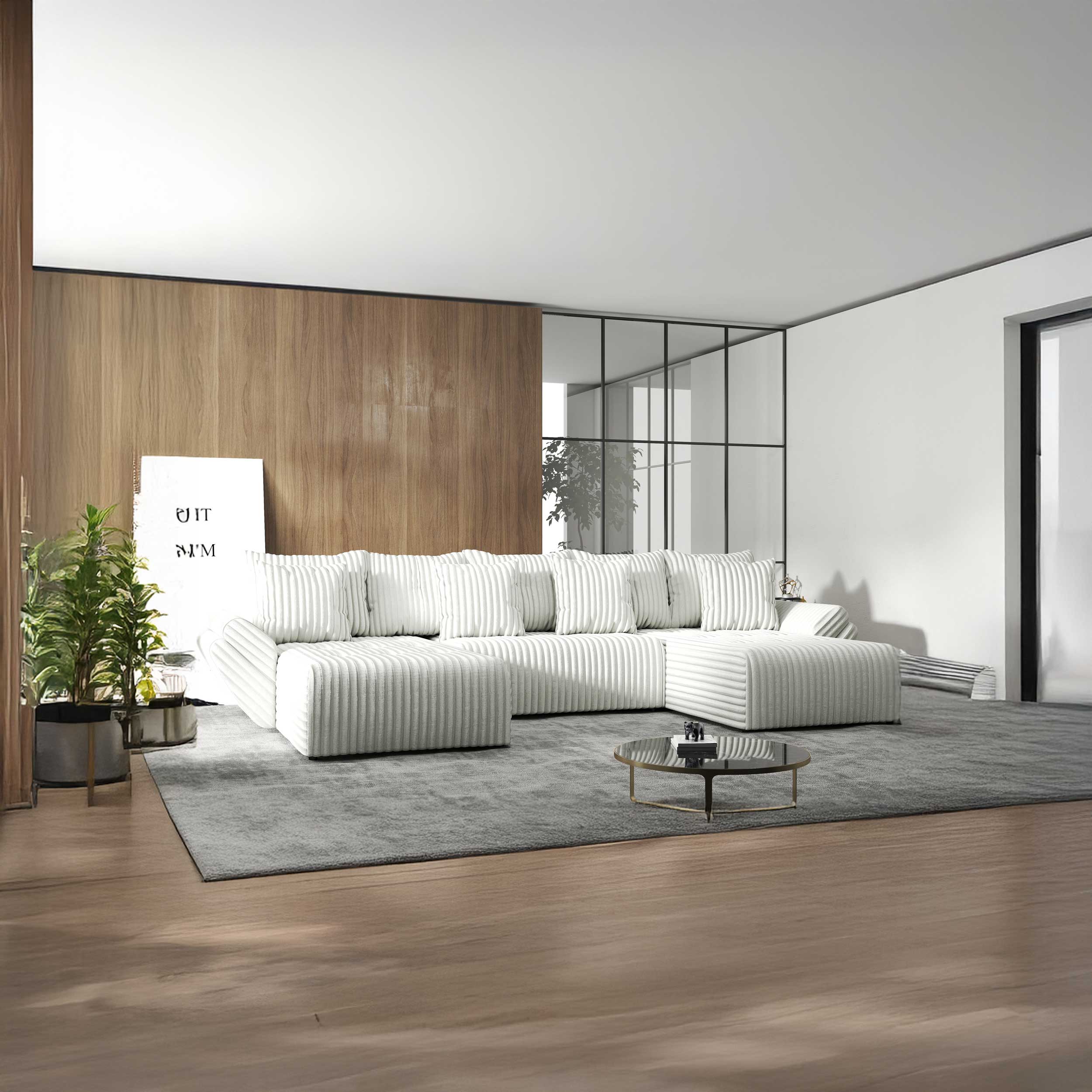 Colțar extensibil dumonde cu ladă de depozitare si sezut confortabil din spuma HR, Berlin U Ambience Ivory 380x180 cm Fabrica