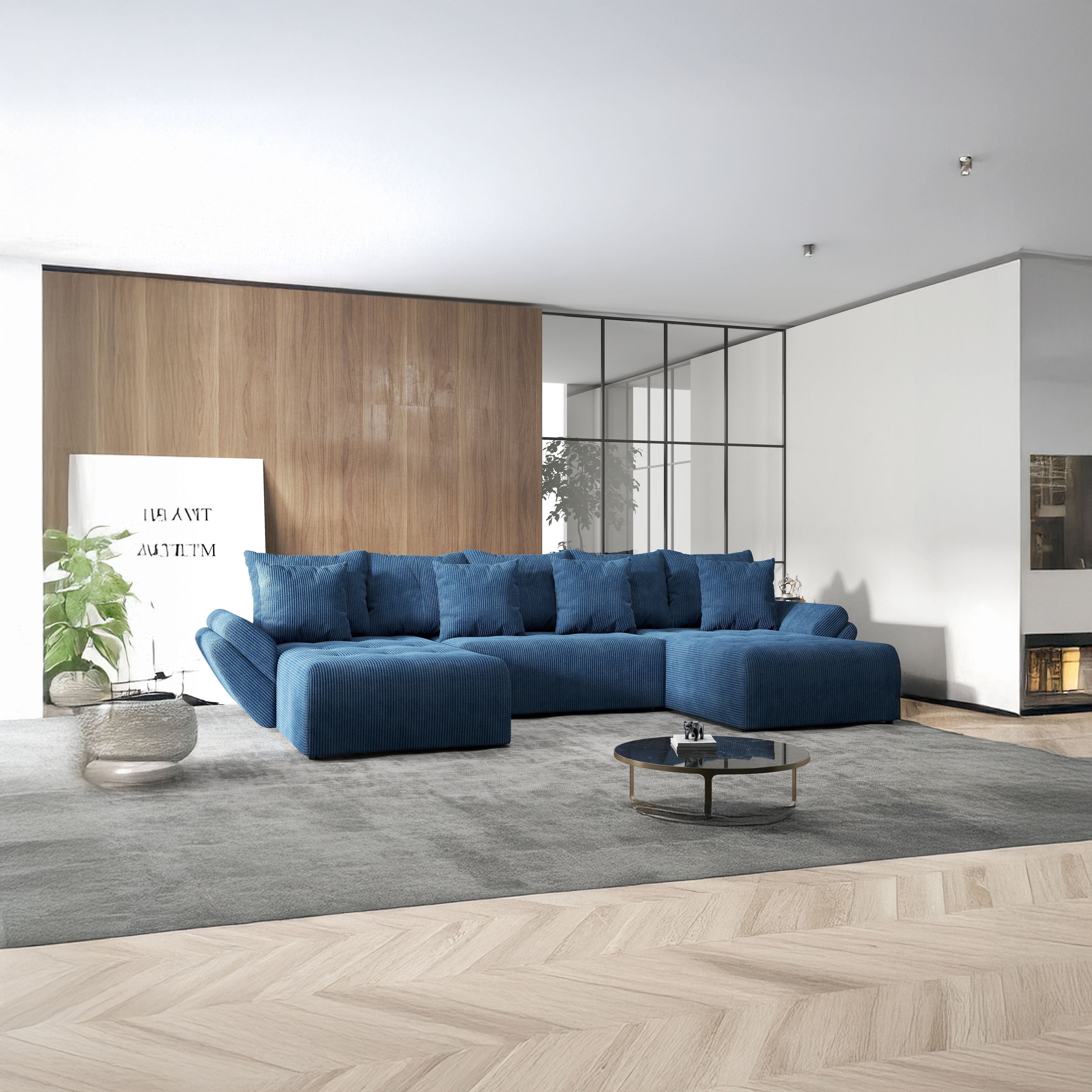 Colțar extensibil dumonde cu ladă de depozitare si sezut confortabil din spuma HR, Berlin U Zoom Blue 380x180 cm Fabrica