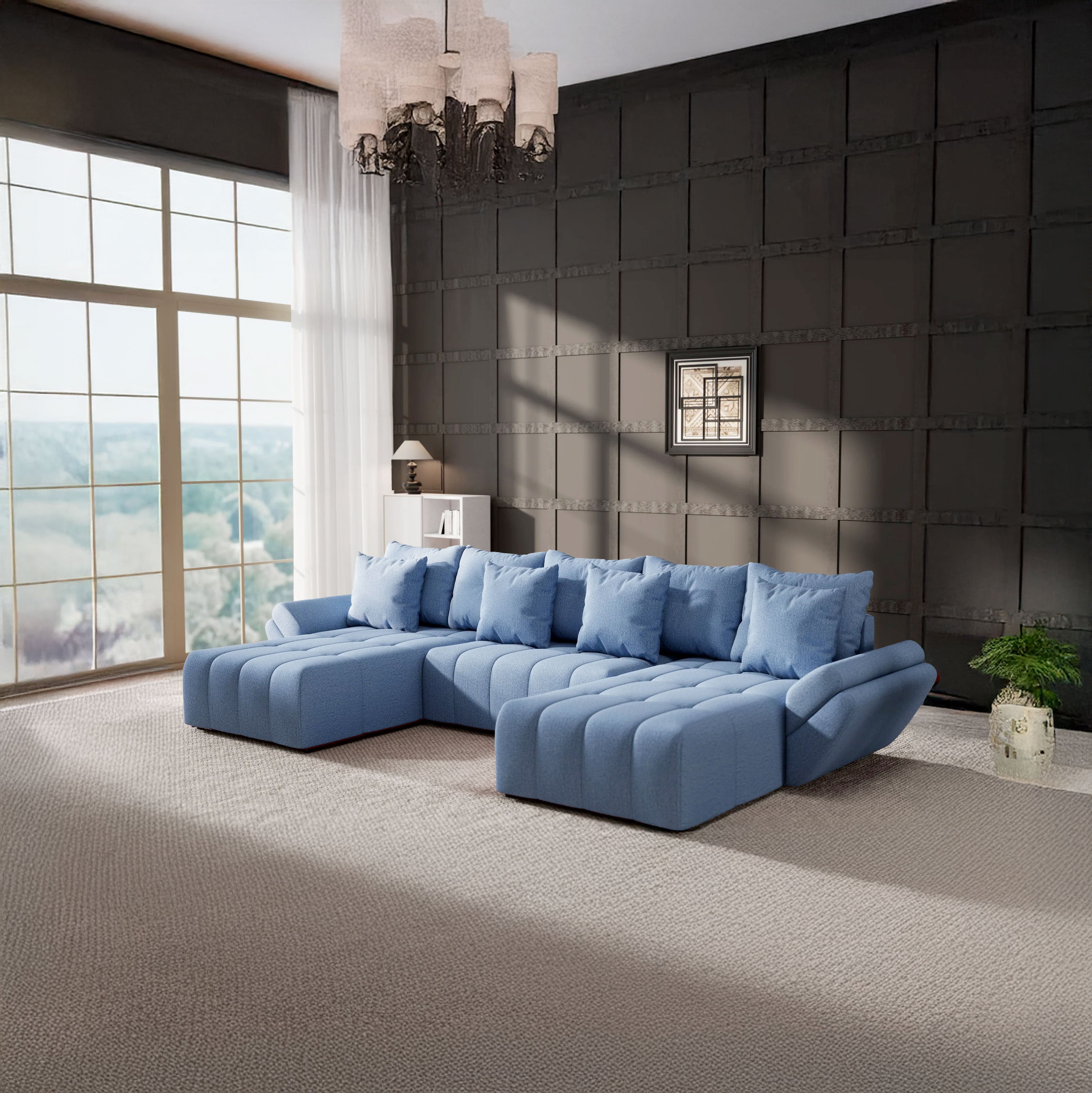 Colțar extensibil dumonde cu ladă de depozitare si sezut confortabil din spuma HR, Berlin U Enjoy Blue 380x180 cm Fabrica