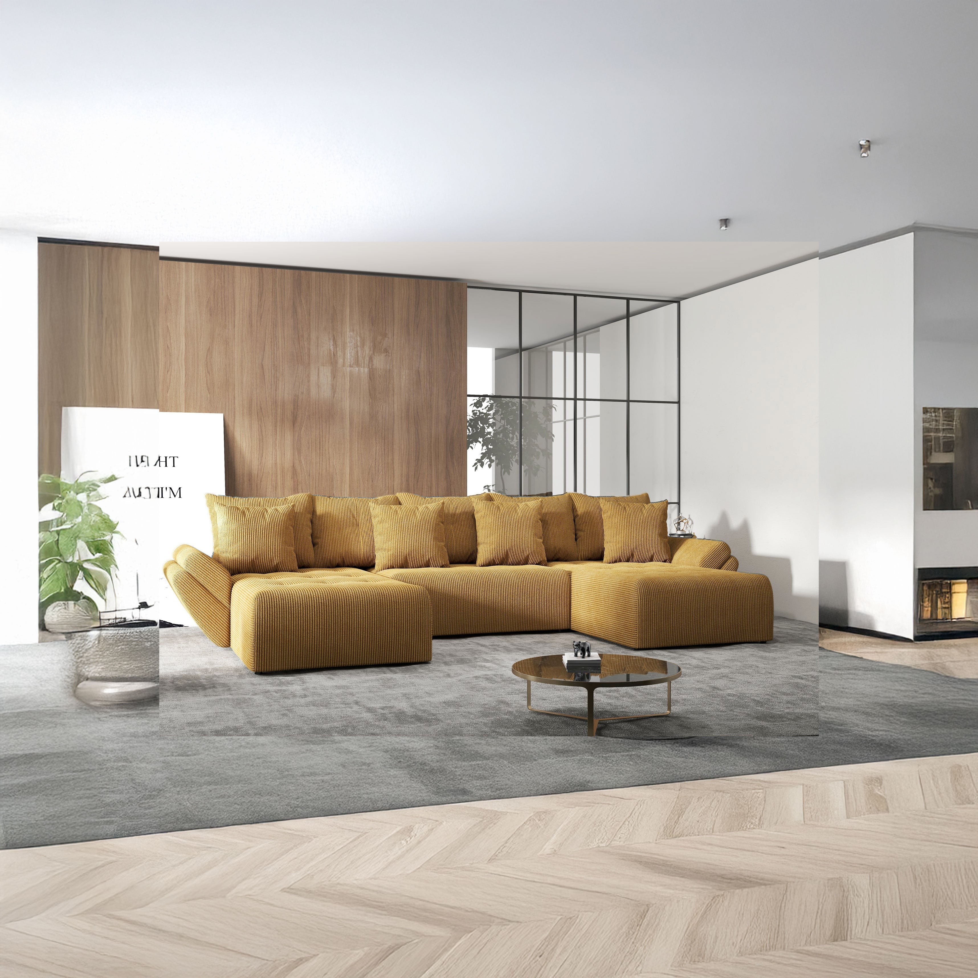 Colțar extensibil dumonde cu ladă de depozitare si sezut confortabil din spuma HR, Berlin U Zoom Mustar 380x180 cm Fabrica