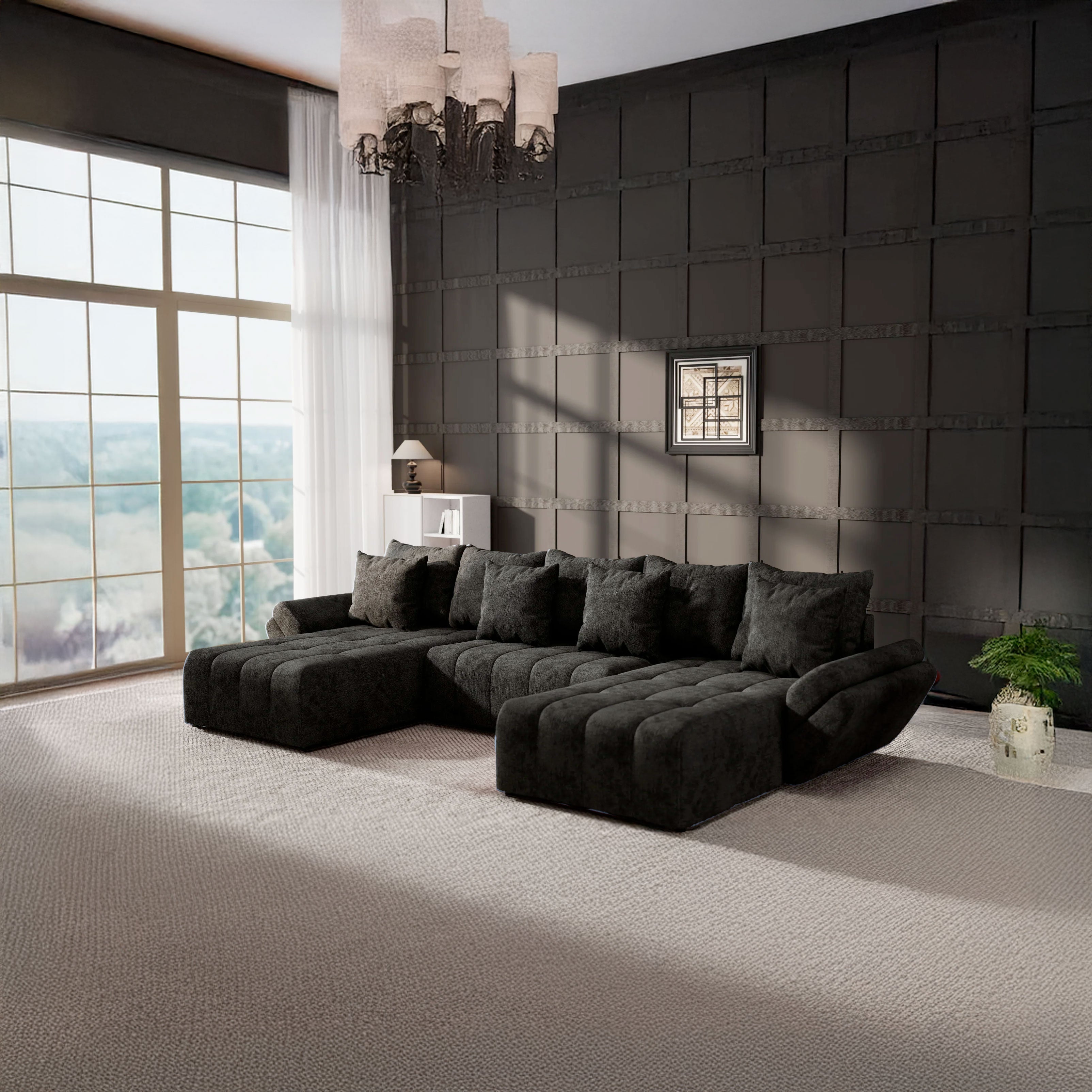 Colțar extensibil dumonde cu ladă de depozitare si sezut confortabil din spuma HR, Berlin U Enjoy Black 380x180 cm Fabrica