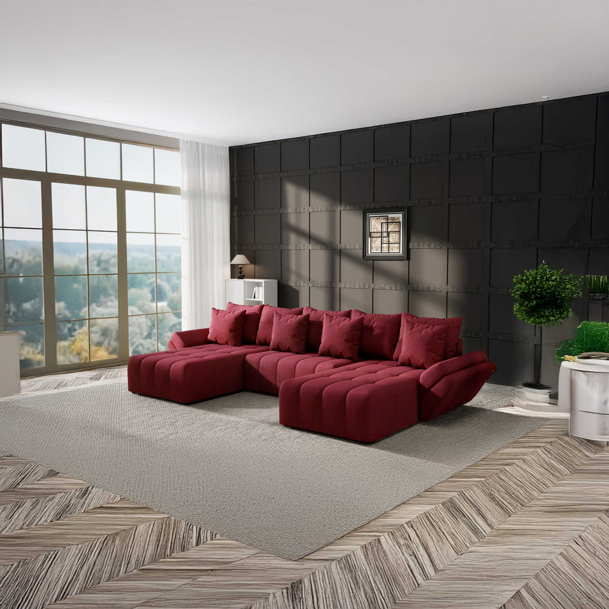 Colțar extensibil dumonde cu ladă de depozitare si sezut confortabil din spuma HR, Berlin U Enjoy Rosu 380x180 cm Fabrica