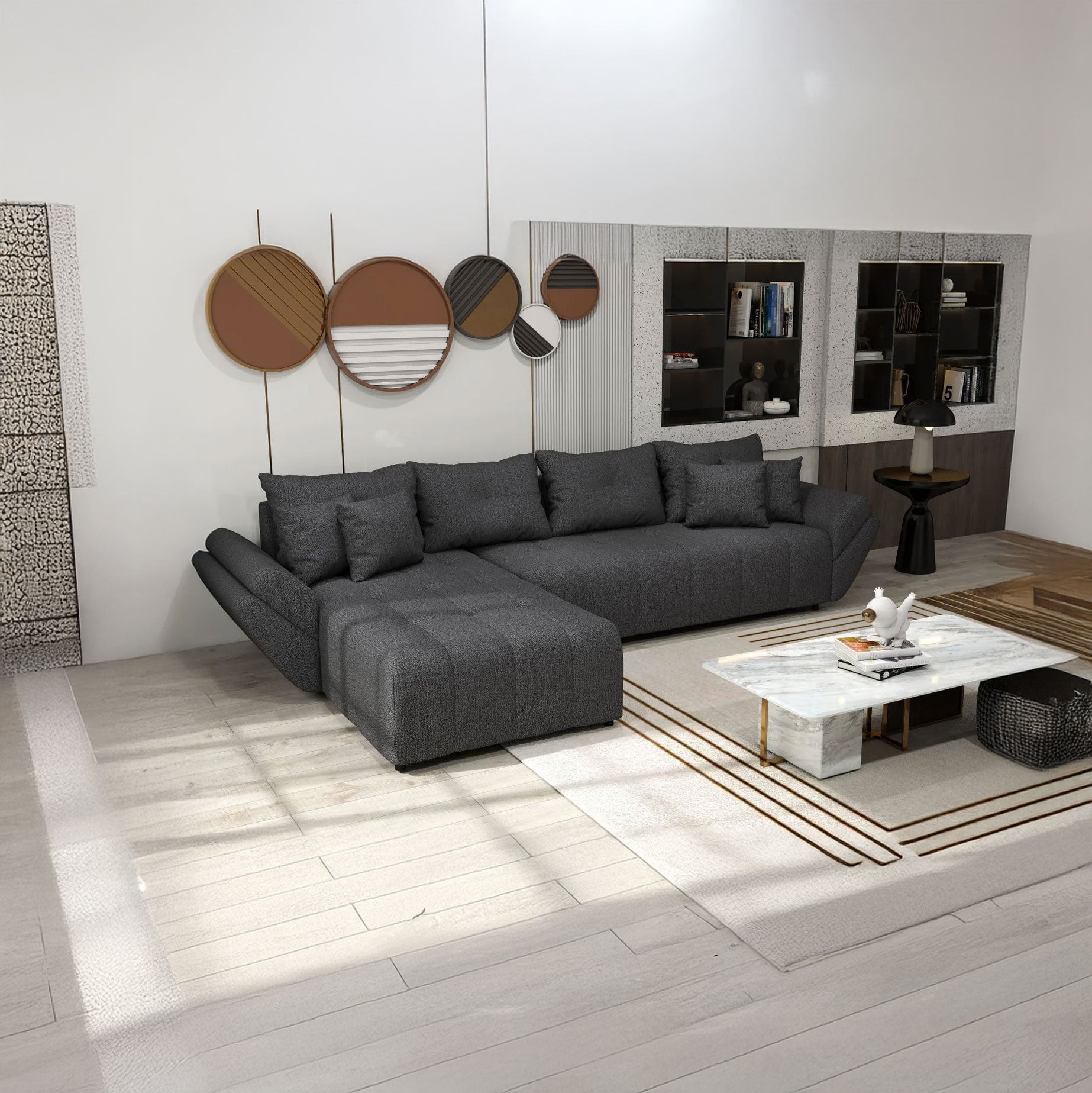 Colțar extensibil dumonde cu ladă de depozitare si sezut confortabil din spuma HR, Berlin XL Enjoy Lux Graphite 350x185 cm Fabrica