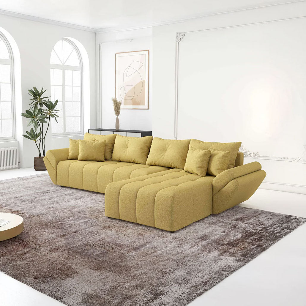 Colțar extensibil dumonde cu ladă de depozitare si sezut confortabil din spuma HR, Berlin XL Enjoy Melon 350x185 cm II Fabrica