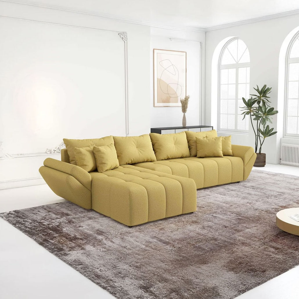 Colțar extensibil dumonde cu ladă de depozitare si sezut confortabil din spuma HR, Berlin XL Enjoy Melon 350x185 cm Fabrica