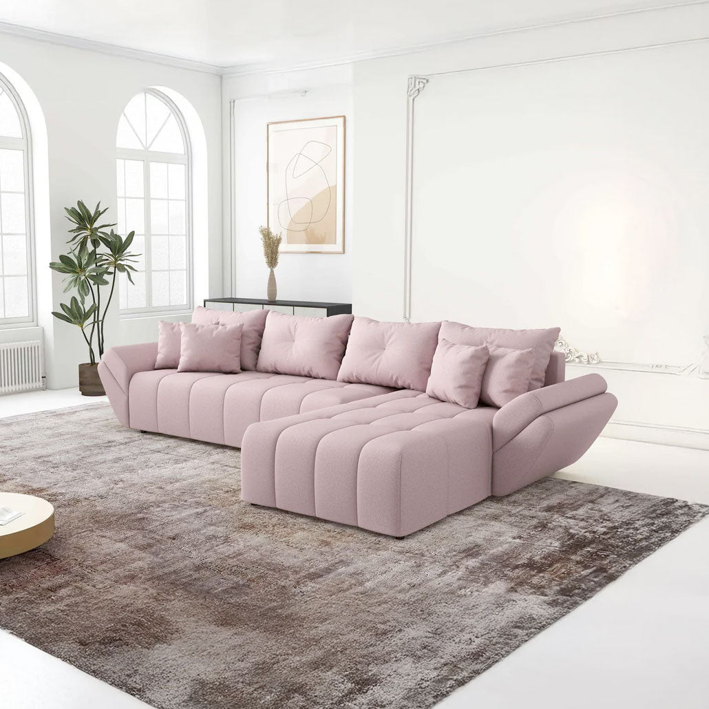 Colțar extensibil dumonde cu ladă de depozitare si sezut confortabil din spuma HR, Berlin XL Enjoy Flamingo 350x185 cm II Fabrica