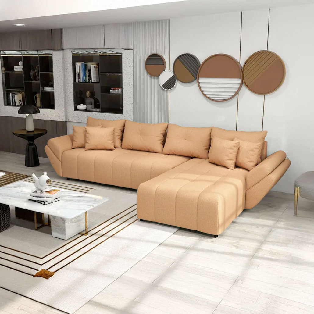 Colțar extensibil dumonde cu ladă de depozitare si sezut confortabil din spuma HR, Berlin XL Enjoy Mango 350x185 cm II Fabrica