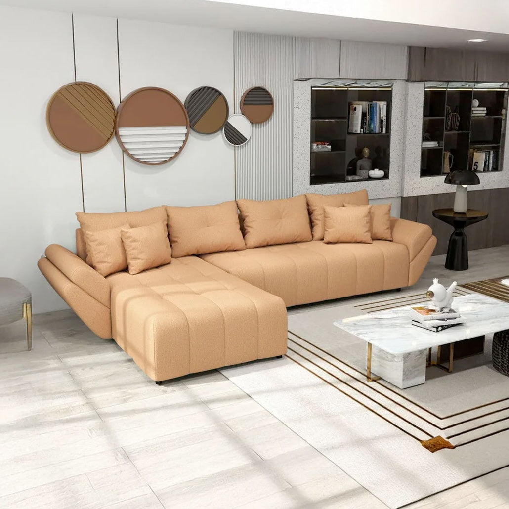 Colțar extensibil dumonde cu ladă de depozitare si sezut confortabil din spuma HR, Berlin XL Enjoy Mango 350x185 cm Fabrica