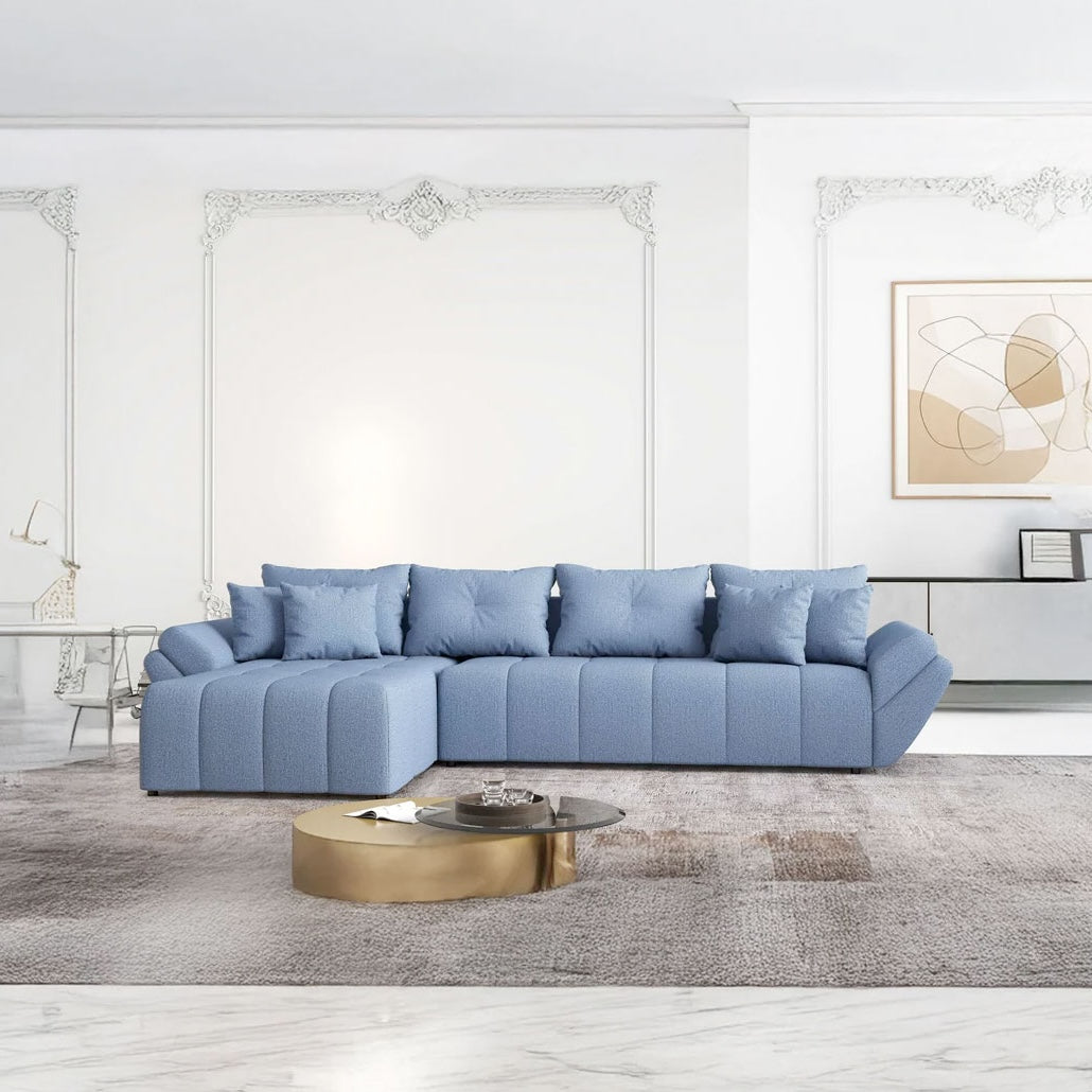 Colțar extensibil dumonde cu ladă de depozitare si sezut confortabil din spuma HR, Berlin XL Enjoy Blue 350x185 cm Fabrica