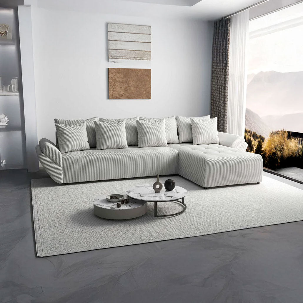 Colțar extensibil dumonde cu ladă de depozitare si sezut confortabil din spuma HR, Berlin XL Zoom Crem 350x185 cm II Fabrica