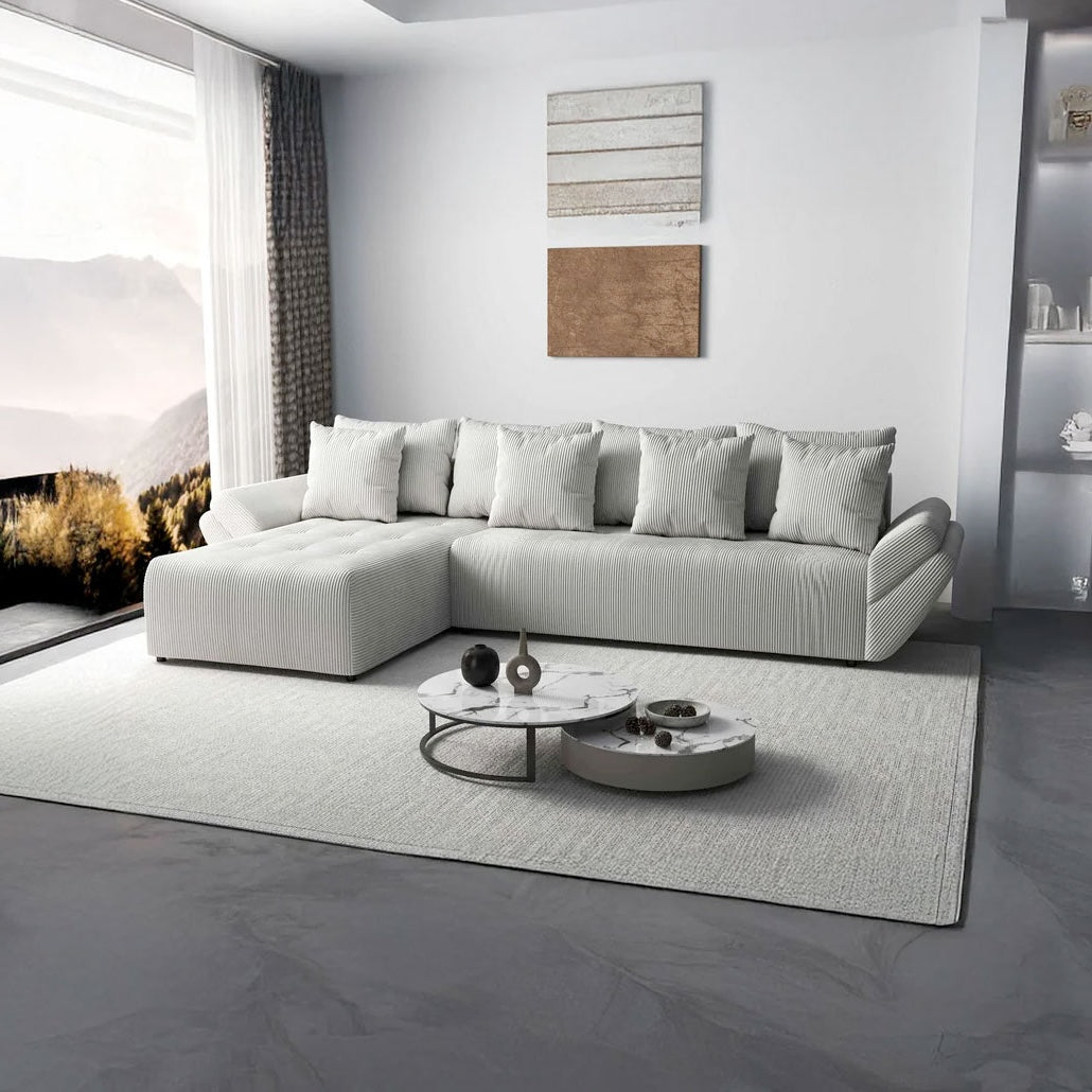 Colțar extensibil dumonde cu ladă de depozitare si sezut confortabil din spuma HR, Berlin XL Zoom Pearl 350x185 cm