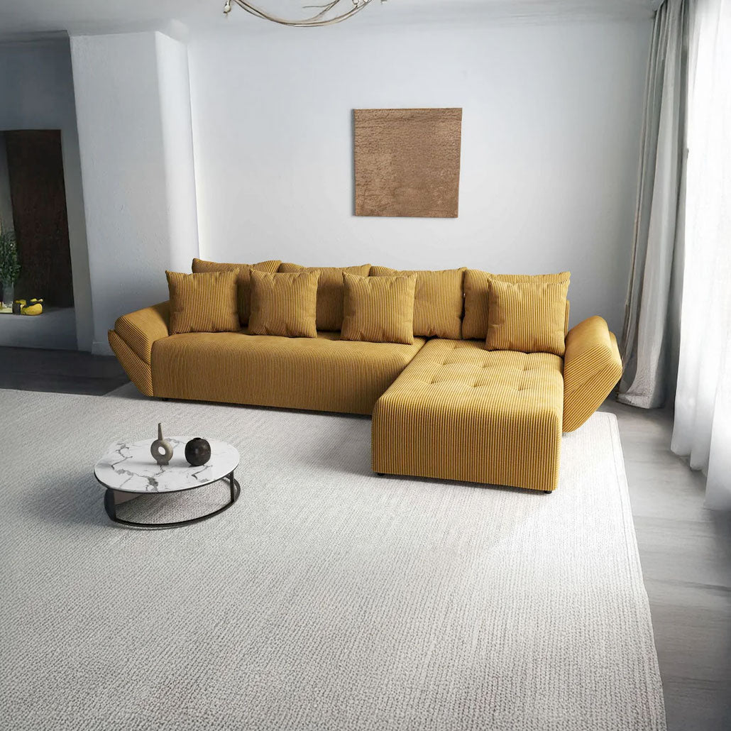 Colțar extensibil dumonde cu ladă de depozitare si sezut confortabil din spuma HR, Berlin XL Zoom Mustar 350x185 cm II Fabrica