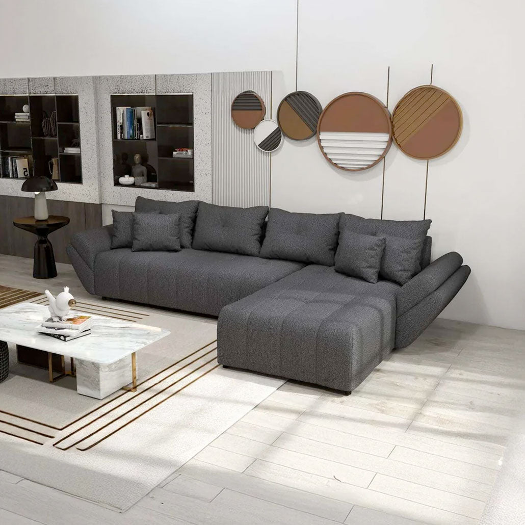 Colțar extensibil dumonde cu ladă de depozitare si sezut confortabil din spuma HR, Berlin XL Enjoy Graphite 350x185 cm Fabrica