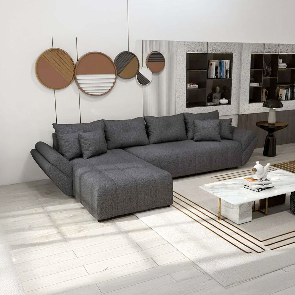 Colțar extensibil dumonde cu ladă de depozitare si sezut confortabil din spuma HR, Berlin XL Enjoy Graphite 350x185 cm Fabrica