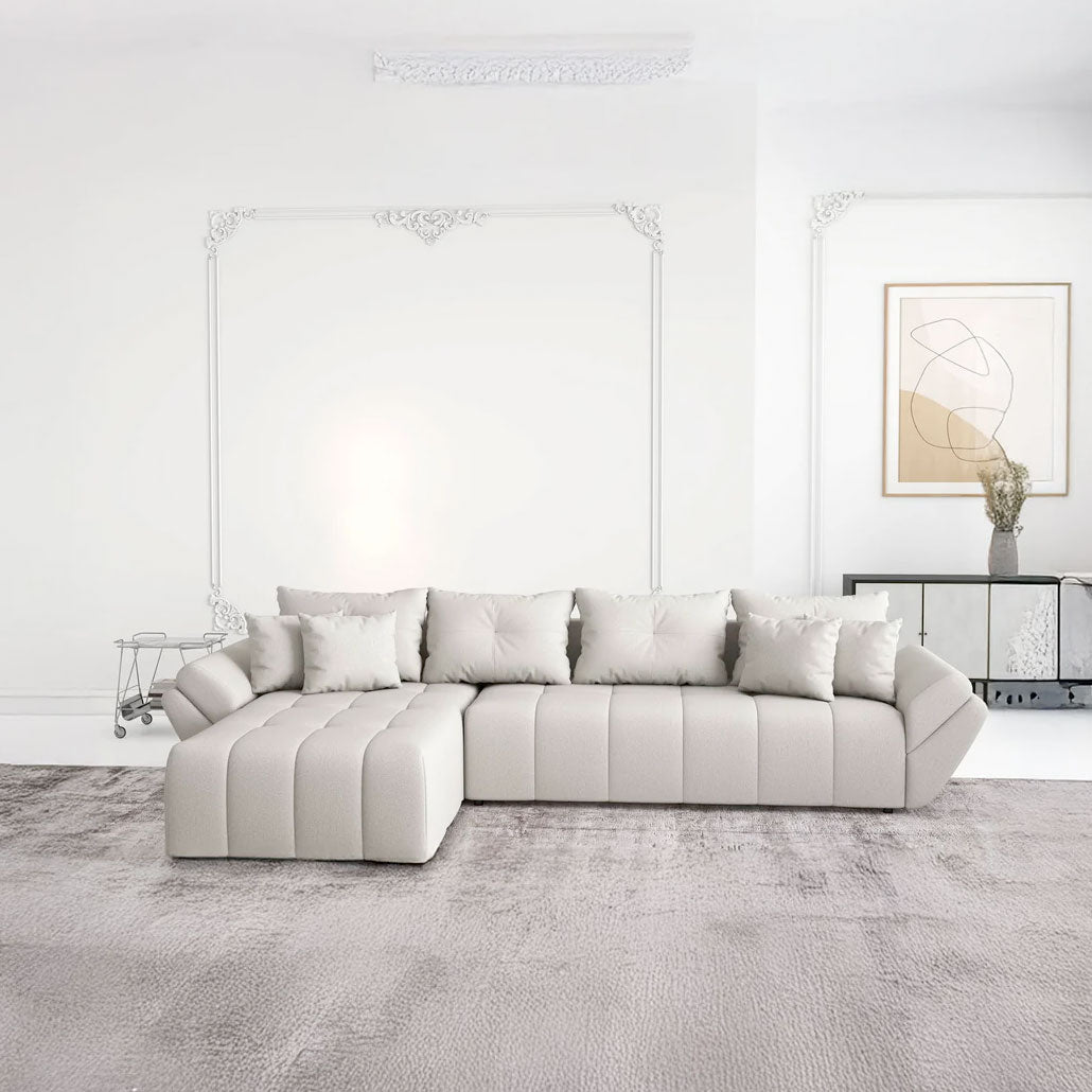 Colțar extensibil dumonde cu ladă de depozitare si sezut confortabil din spuma HR, Berlin XL Enjoy Beige 350x185 cm Fabrica