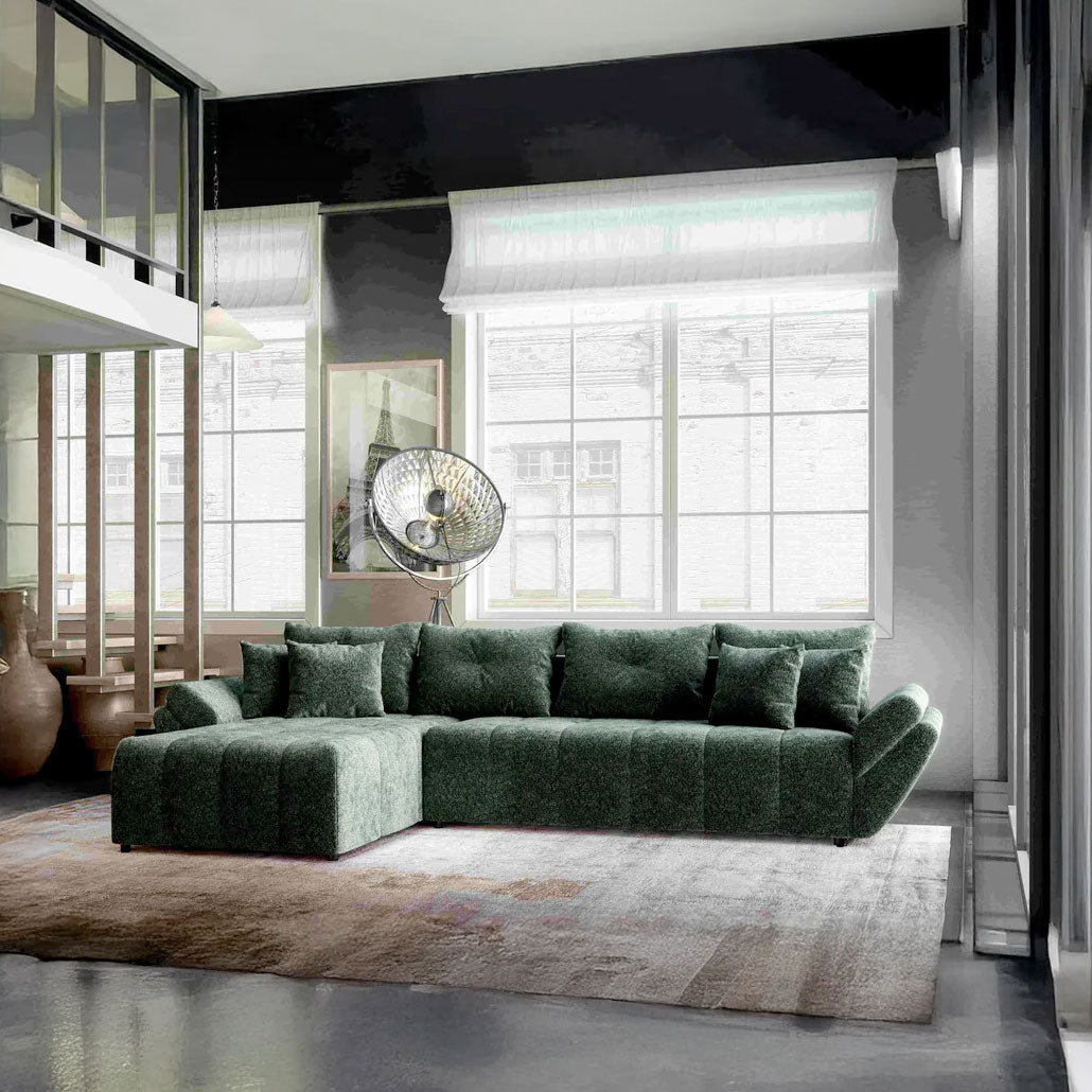 Colțar extensibil dumonde cu ladă de depozitare si sezut confortabil din spuma HR, Berlin XL Euphoria Green 350x185 cm Fabrica