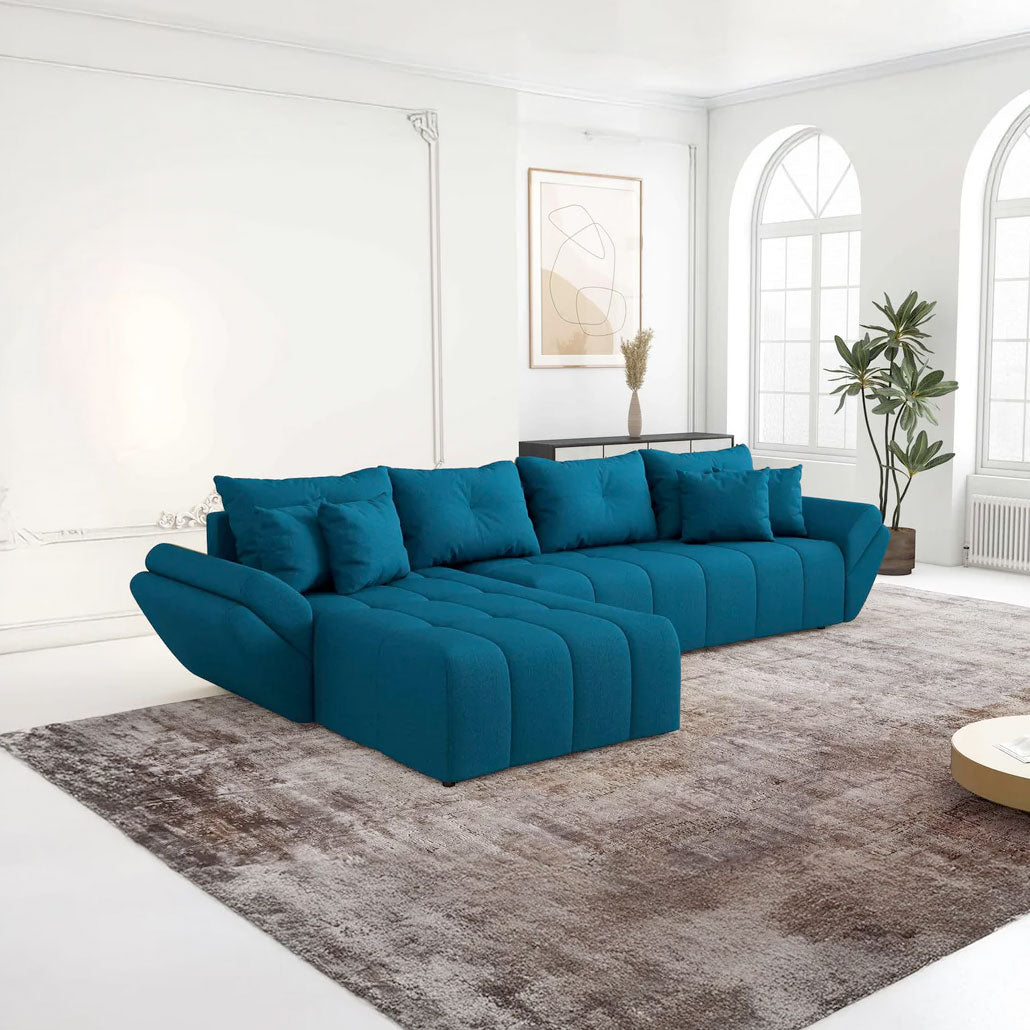 Colțar extensibil dumonde cu ladă de depozitare si sezut confortabil din spuma HR, Berlin XL Enjoy Petrol 350x185 cm