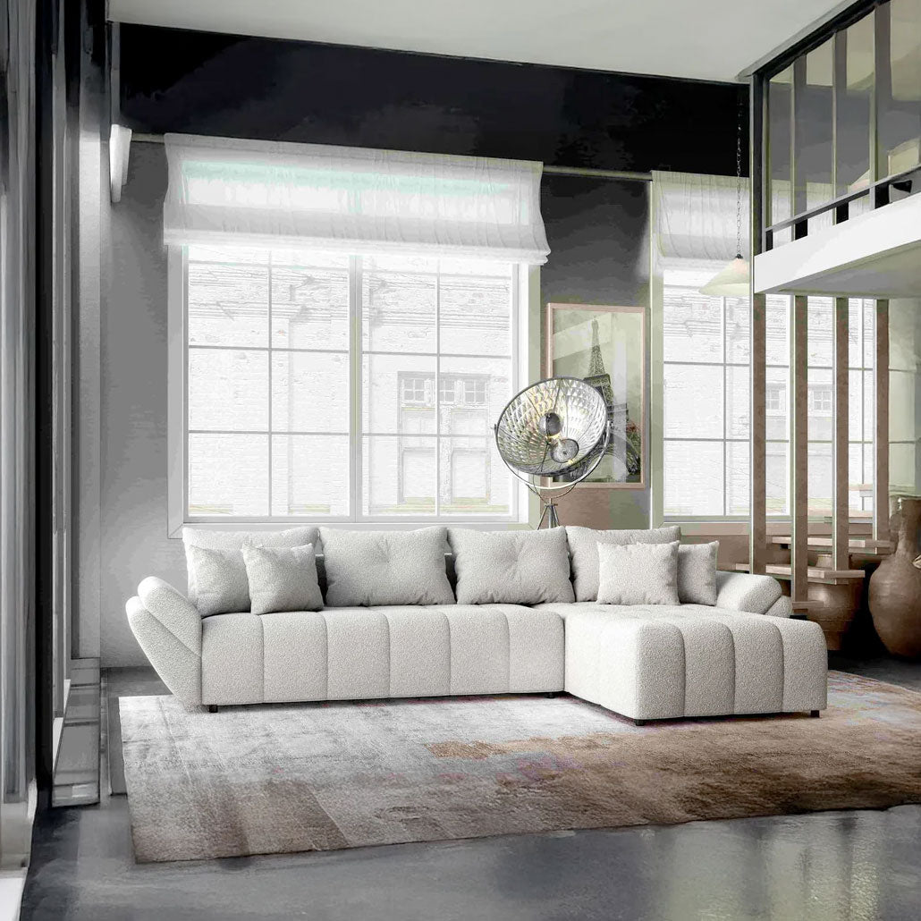 Colțar extensibil dumonde cu ladă de depozitare si sezut confortabil din spuma HR, Berlin XL Euphoria Dove 350x185 cm II Fabrica