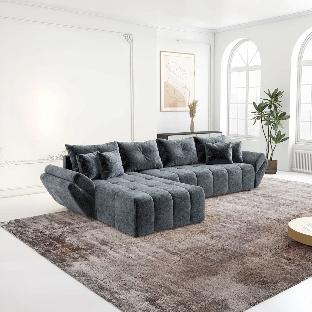 Colțar extensibil dumonde cu ladă de depozitare si sezut confortabil din spuma HR, Berlin XL Euphoria Graphite 350x185 cm Fabrica