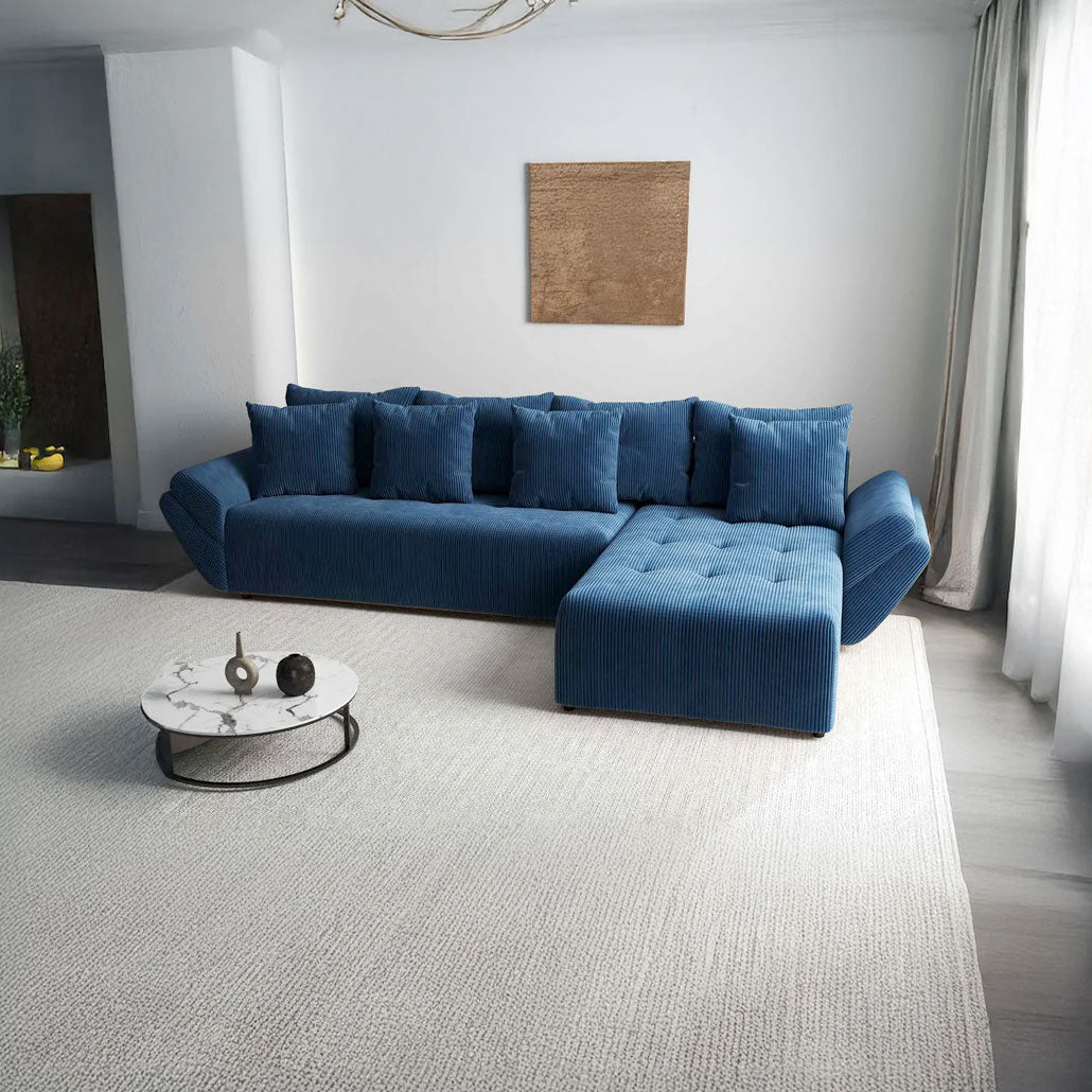 Colțar extensibil dumonde cu ladă de depozitare si sezut confortabil din spuma HR, Berlin XL Zoom Blue 350x185 cm II Fabrica