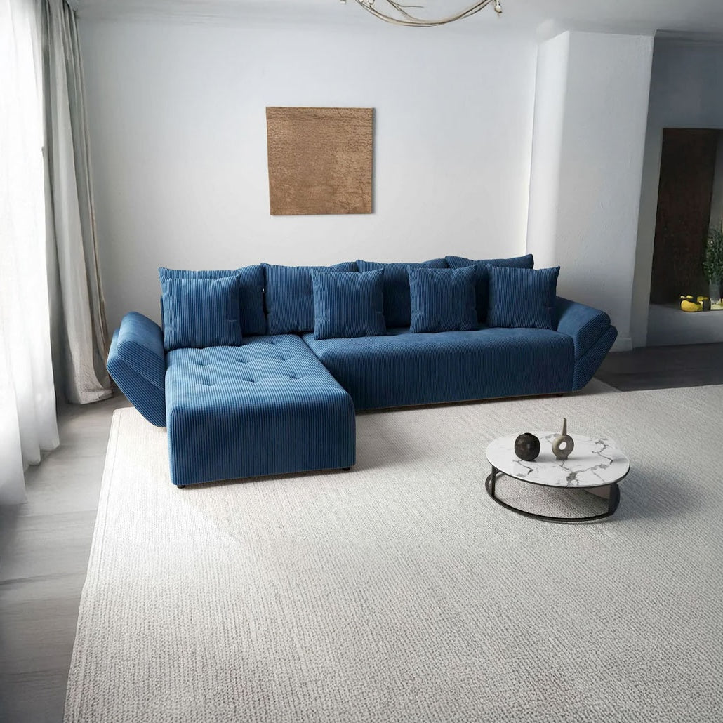 Colțar extensibil dumonde cu ladă de depozitare si sezut confortabil din spuma HR, Berlin XL Zoom Blue 350x185 cm Fabrica