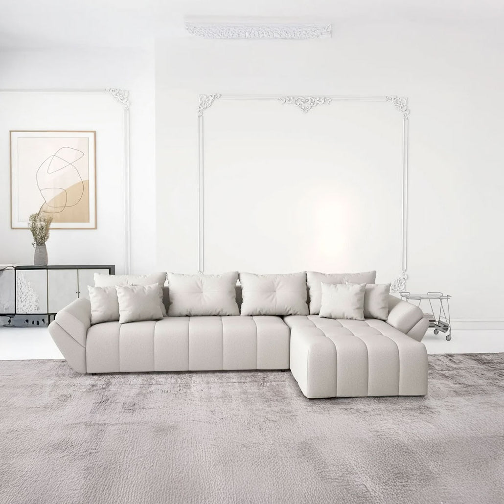 Colțar extensibil dumonde cu ladă de depozitare si sezut confortabil din spuma HR, Berlin XL Enjoy Beige 350x185 cm II Fabrica