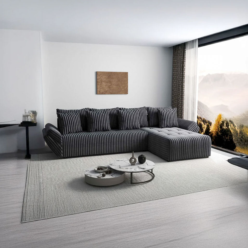 Colțar extensibil dumonde cu ladă de depozitare si sezut confortabil din spuma HR, Berlin XL Ambience Grey II 350x185 cm Fabrica