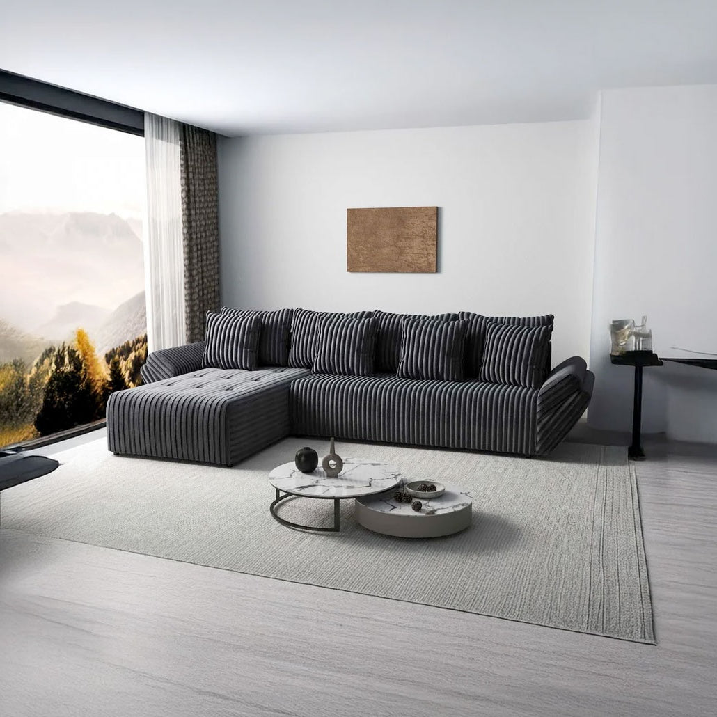 Colțar extensibil dumonde cu ladă de depozitare si sezut confortabil din spuma HR, Berlin XL Ambience Grey 350x185 cm Fabrica