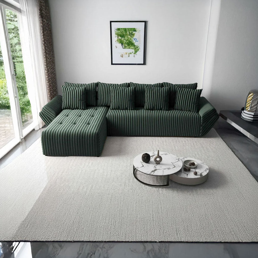 Colțar extensibil dumonde cu ladă de depozitare si sezut confortabil din spuma HR, Berlin XL Ambience Green 350x185 cm