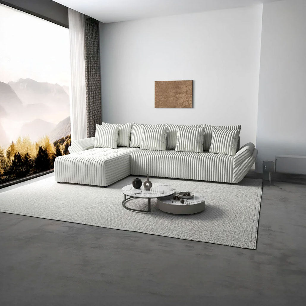 Colțar extensibil dumonde cu ladă de depozitare si sezut confortabil din spuma HR, Berlin XL Ambience Ivory 350x185 cm Fabrica