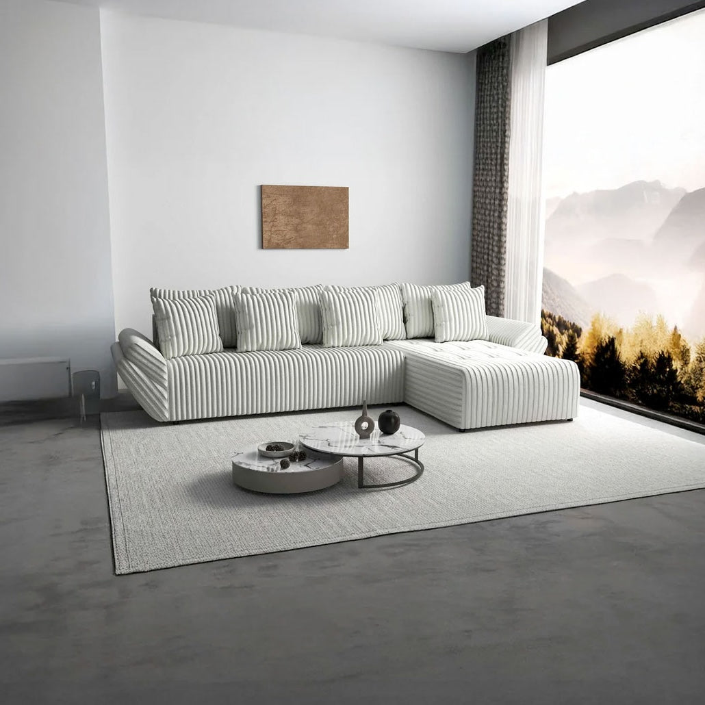 Colțar extensibil dumonde cu ladă de depozitare si sezut confortabil din spuma HR, Berlin XL Ambience Ivory II 350x185 cm Fabrica