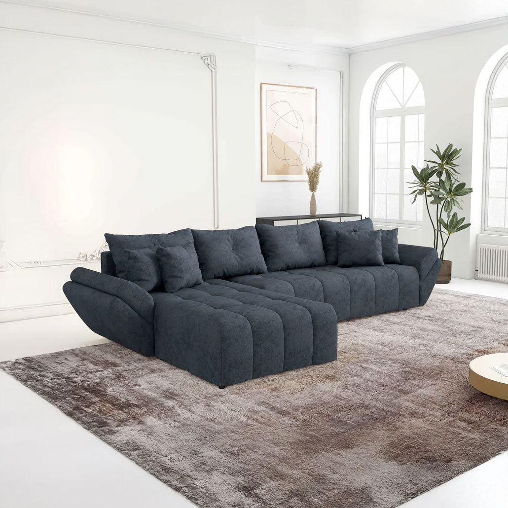 Colțar extensibil dumonde cu ladă de depozitare si sezut confortabil din spuma HR, Berlin XL Enjoy Antracit 350x185 cm Fabrica
