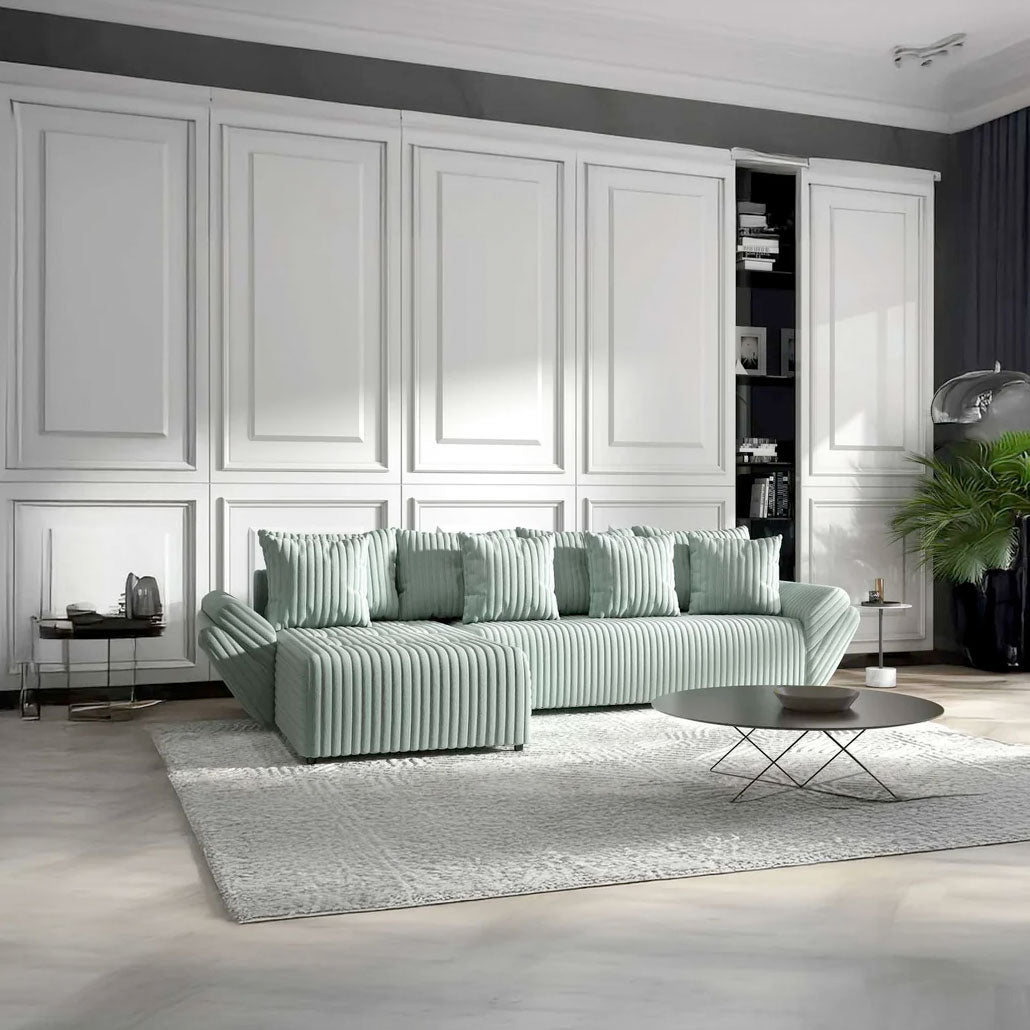Colțar extensibil dumonde cu ladă de depozitare si sezut confortabil din spuma HR, Berlin XL Ambience Mint 350x185 cm