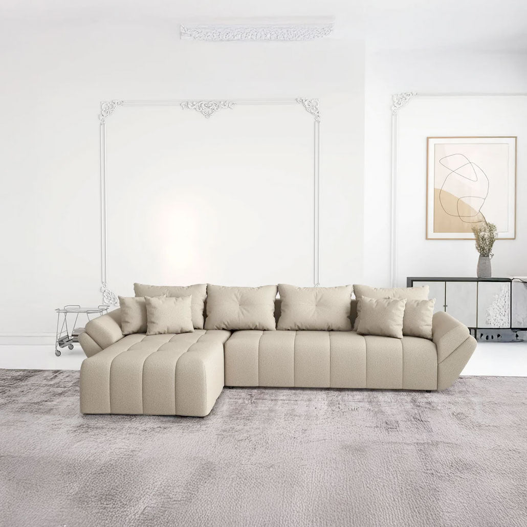 Colțar extensibil dumonde cu ladă de depozitare si sezut confortabil din spuma HR, Berlin XL Enjoy Camel 350x185 cm Fabrica