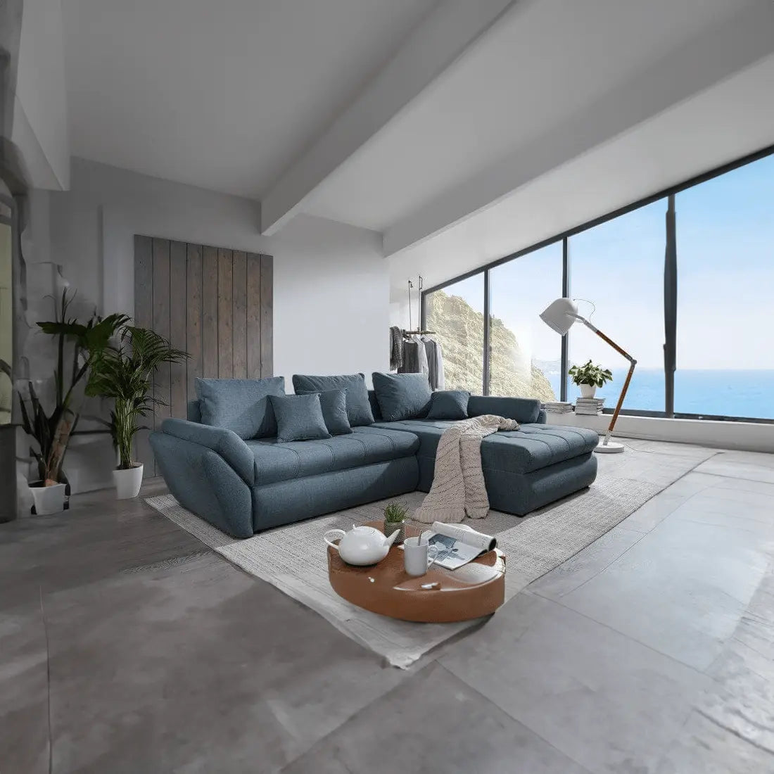 Colțar extensibil dumonde cu ladă de depozitare si sezut confortabil din spuma HR, Loana Enjoy Blue II 270x185 cm