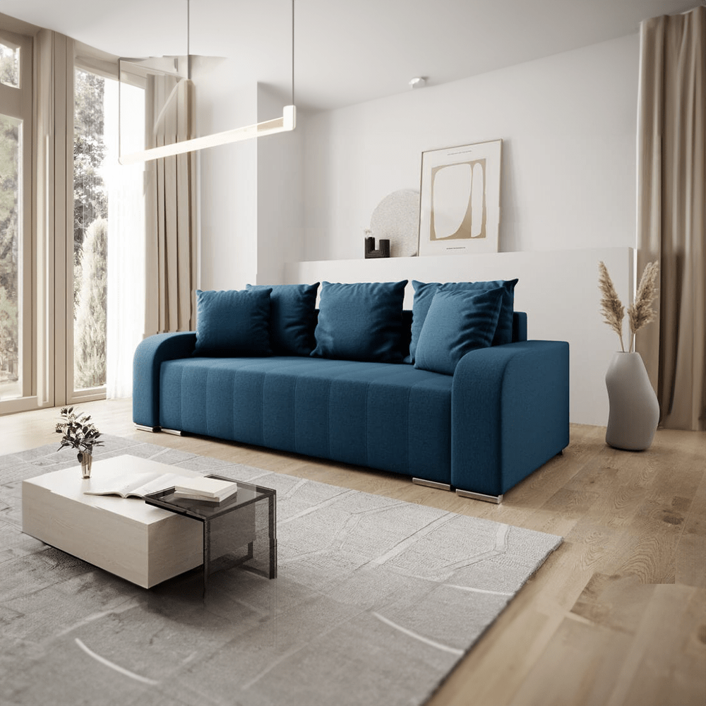 Canapea extensibilă cu ladă de depozitare si sezut confortabil din spuma HR, Sofia Blue 240x100 cm Fabrica