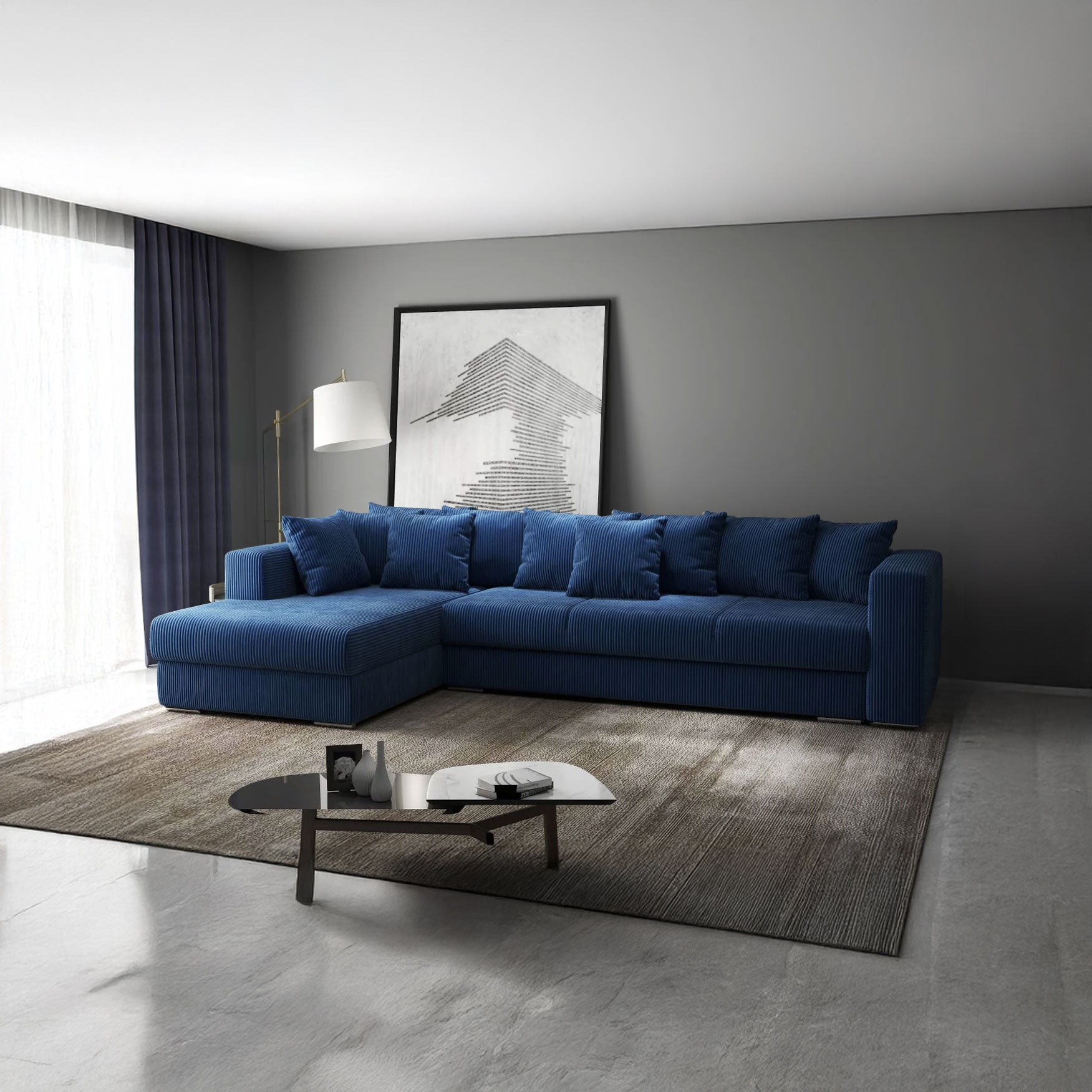 Colțar extensibil dumonde cu ladă de depozitare si sezut confortabil din spuma HR, Gloria Bleumarin Zoom II 320x183 cm Fabrica