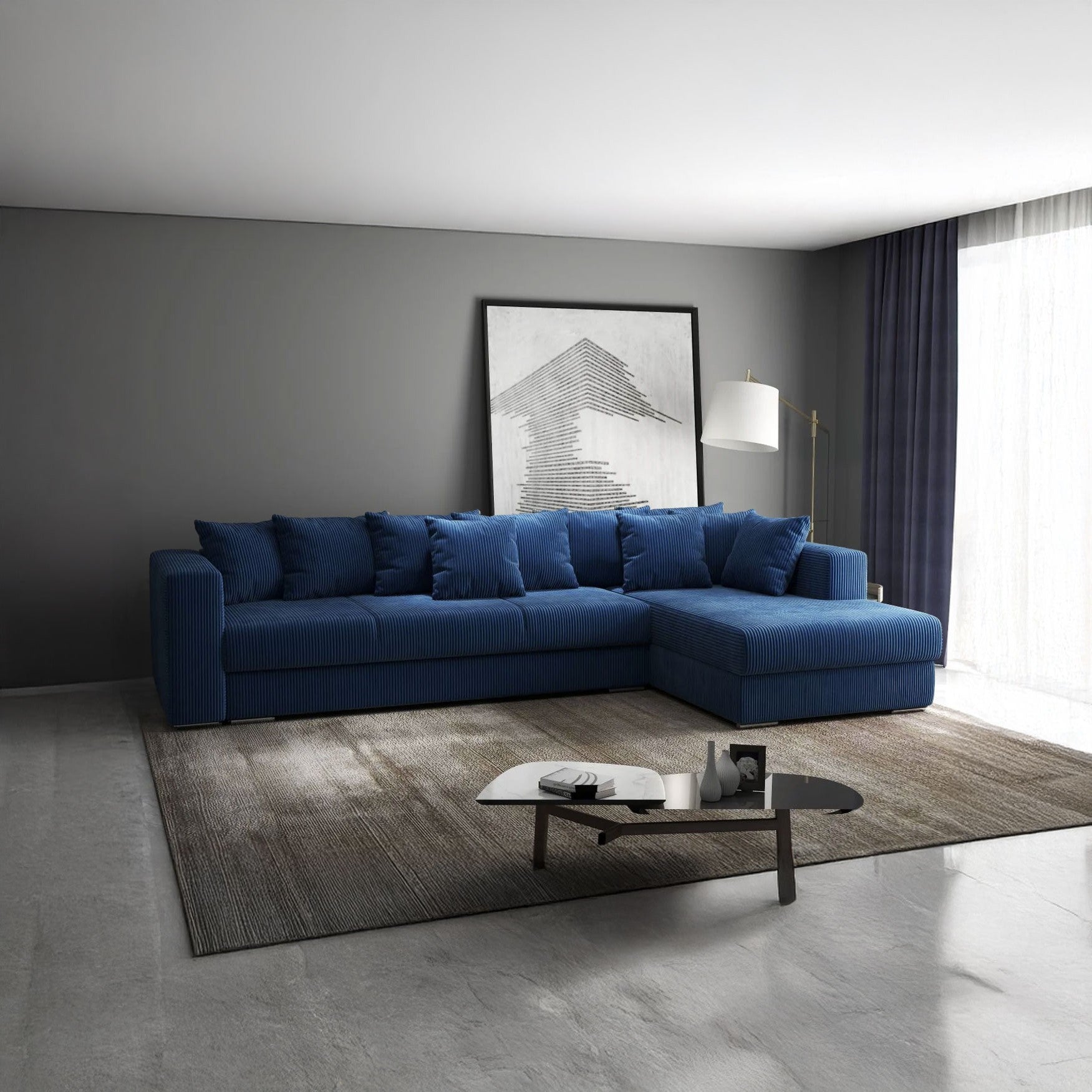 Colțar extensibil dumonde cu ladă de depozitare si sezut confortabil din spuma HR, Gloria Bleumarin Zoom 320x183 cm Fabrica
