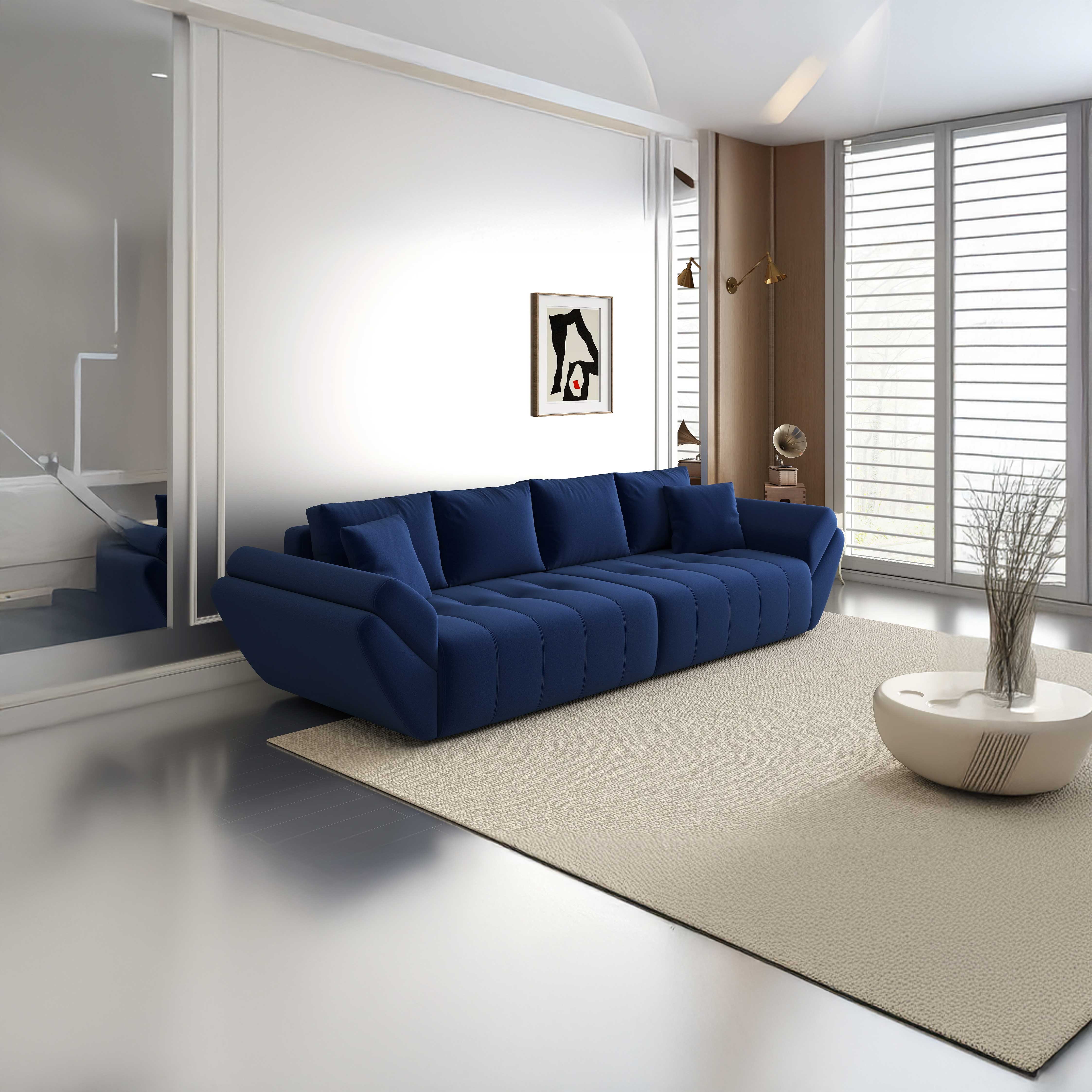 Canapea extensibilă dumonde cu ladă de depozitare si sezut confortabil din spuma HR, Berlin Royal Blue 300x100 cm Fabrica